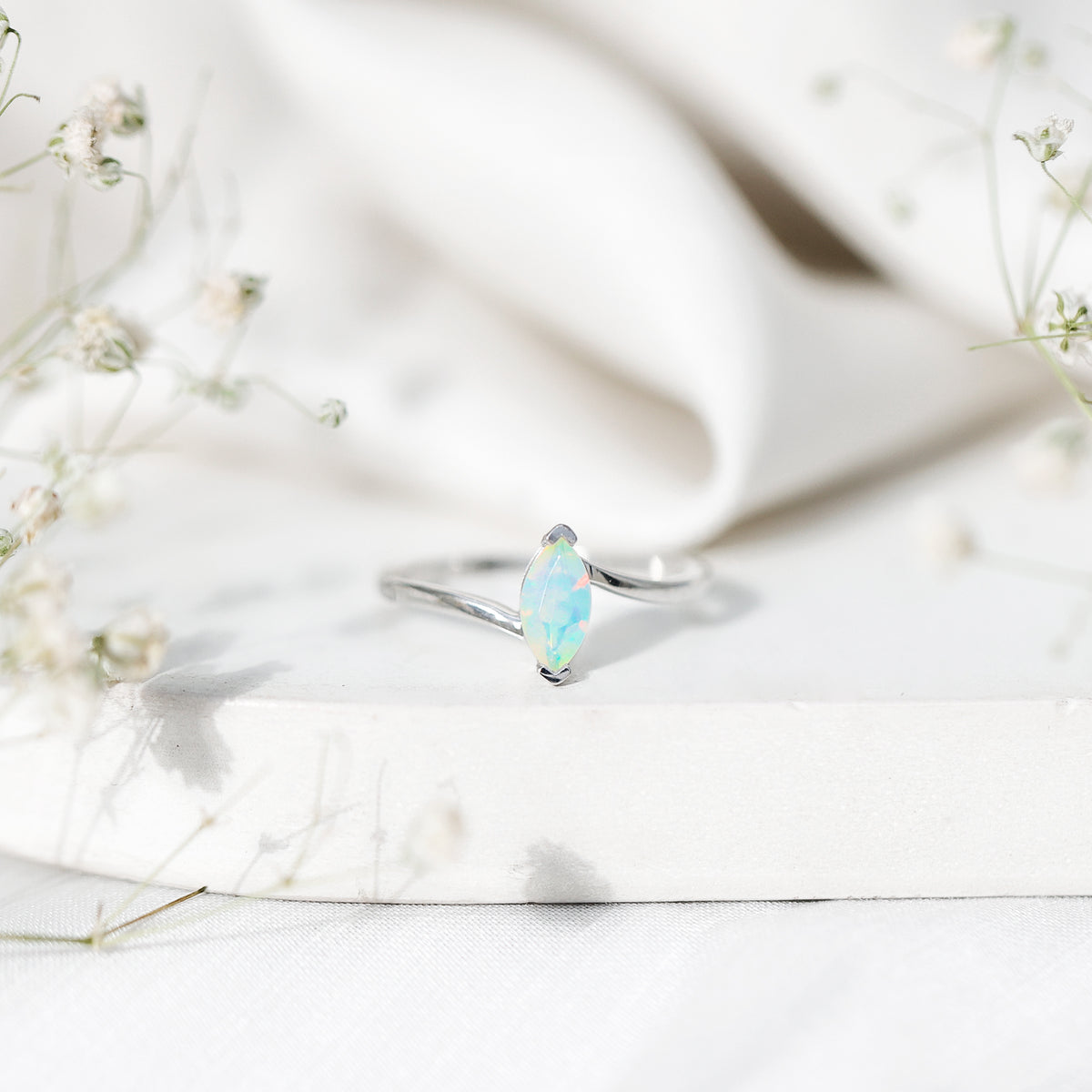 Natural Marquise Ethiopian Rainbow Opal Promise Ring with Bypass Shank AAA - Rosec Jewels