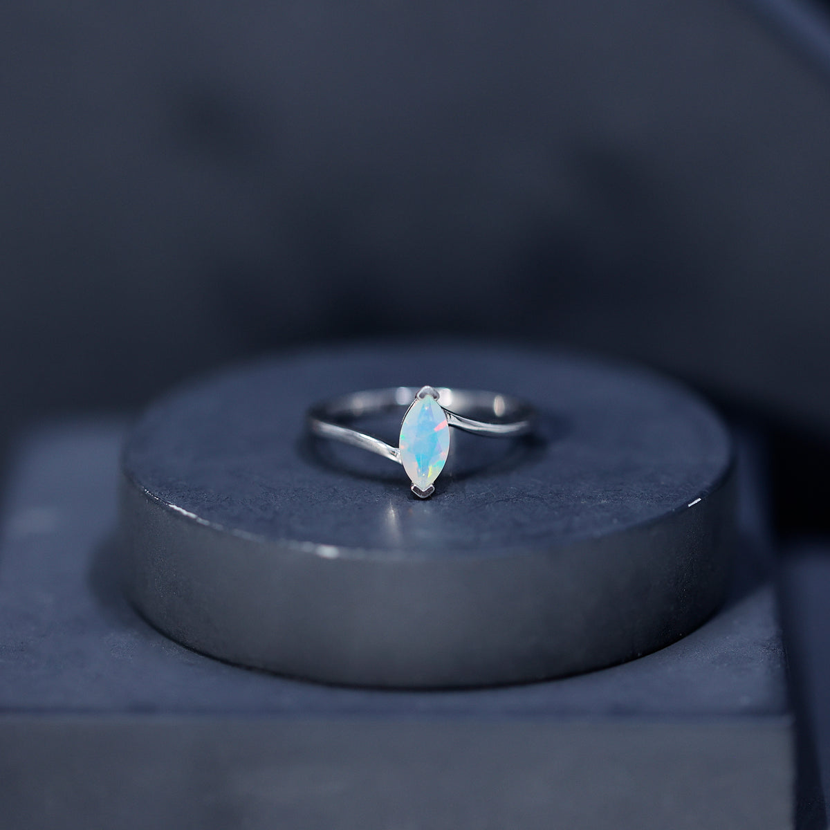 Natural Marquise Ethiopian Rainbow Opal Promise Ring with Bypass Shank AAA - Rosec Jewels