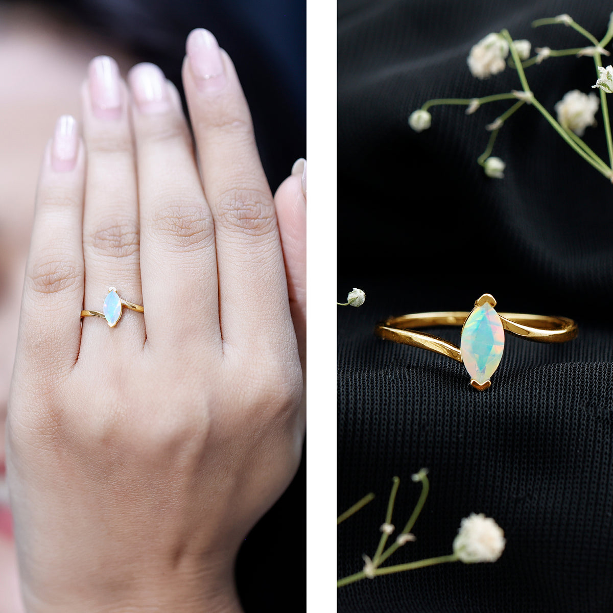 Natural Marquise Ethiopian Rainbow Opal Promise Ring with Bypass Shank AAA - Rosec Jewels