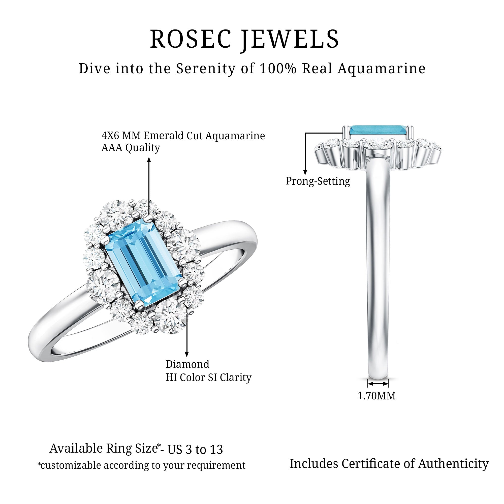 Octagon Aquamarine Engagement Ring with Diamond Halo AAA - Rosec Jewels