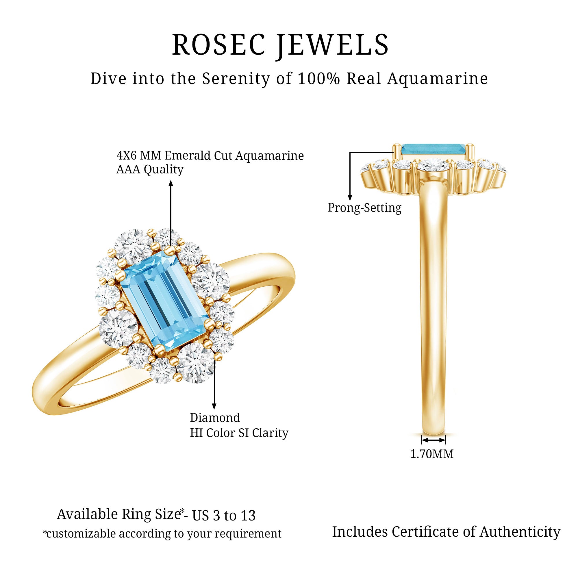 Octagon Aquamarine Engagement Ring with Diamond Halo AAA - Rosec Jewels