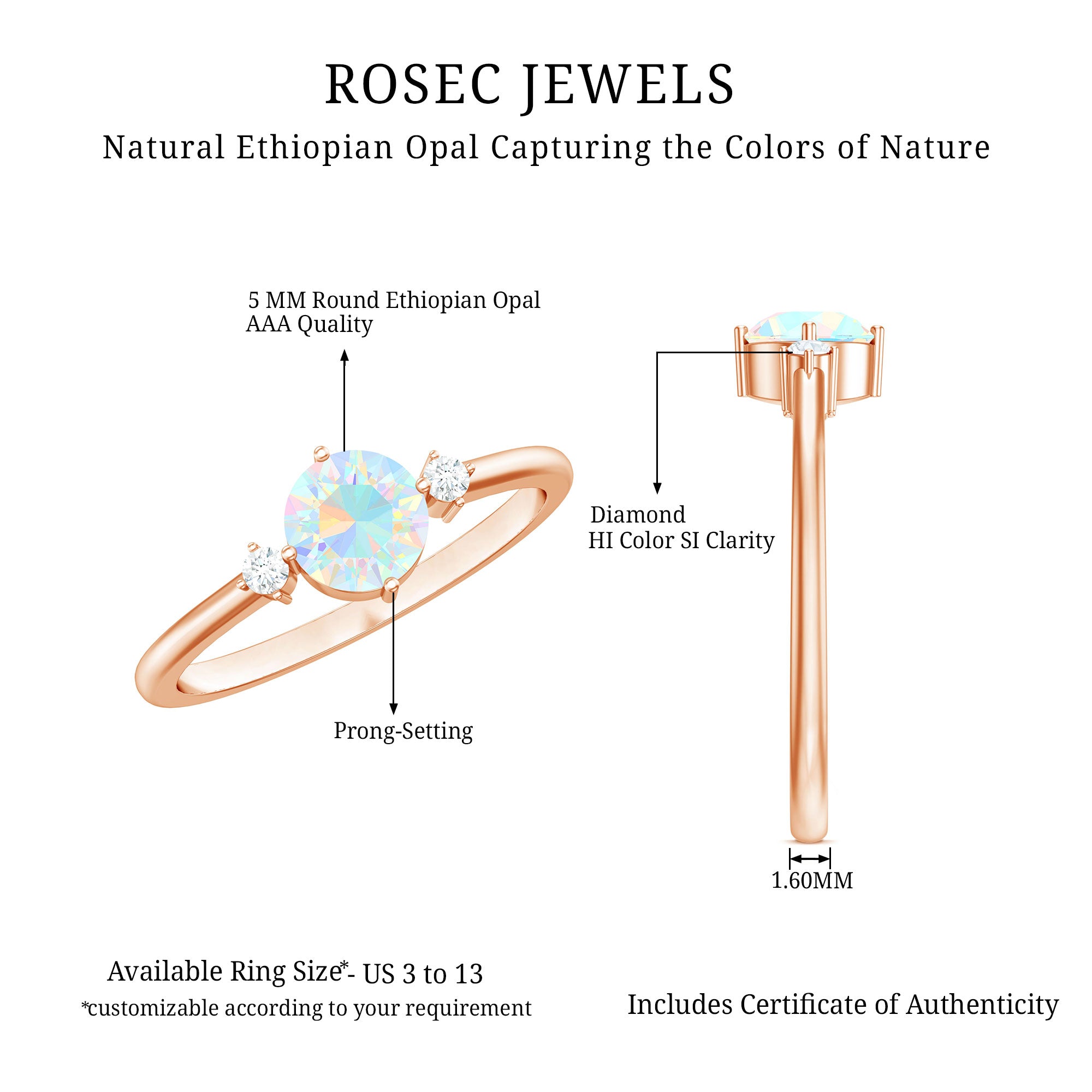 Natural Ethiopian Rainbow Opal Promise Ring with Diamond AAA - Rosec Jewels
