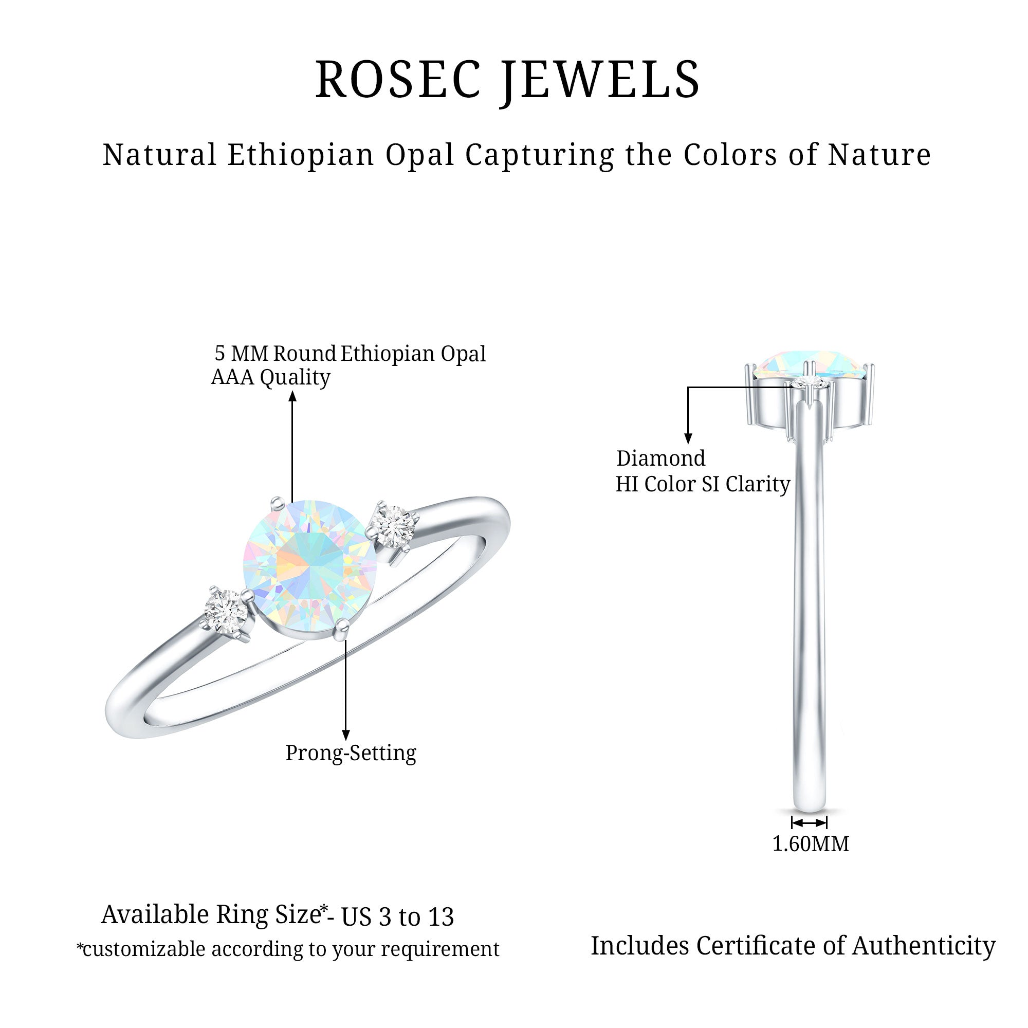 Natural Ethiopian Rainbow Opal Promise Ring with Diamond AAA - Rosec Jewels