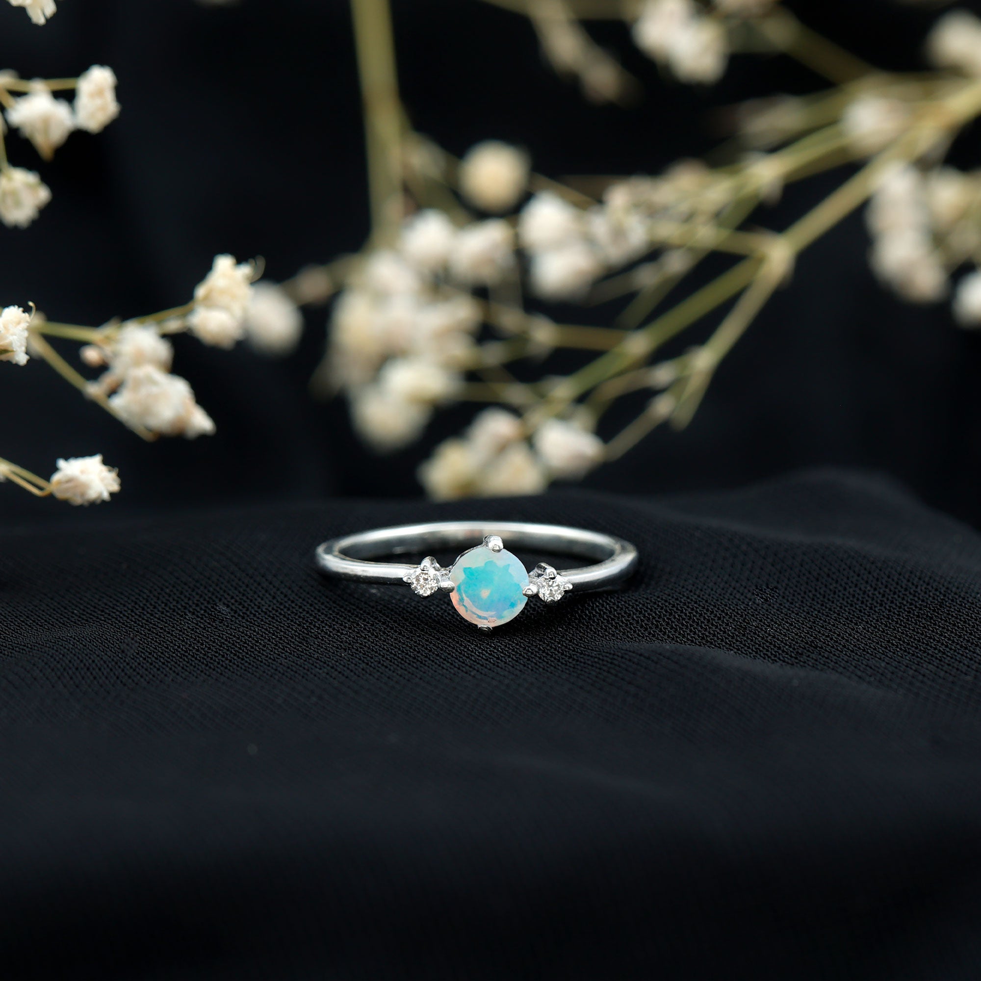 Natural Ethiopian Rainbow Opal Promise Ring with Diamond AAA - Rosec Jewels