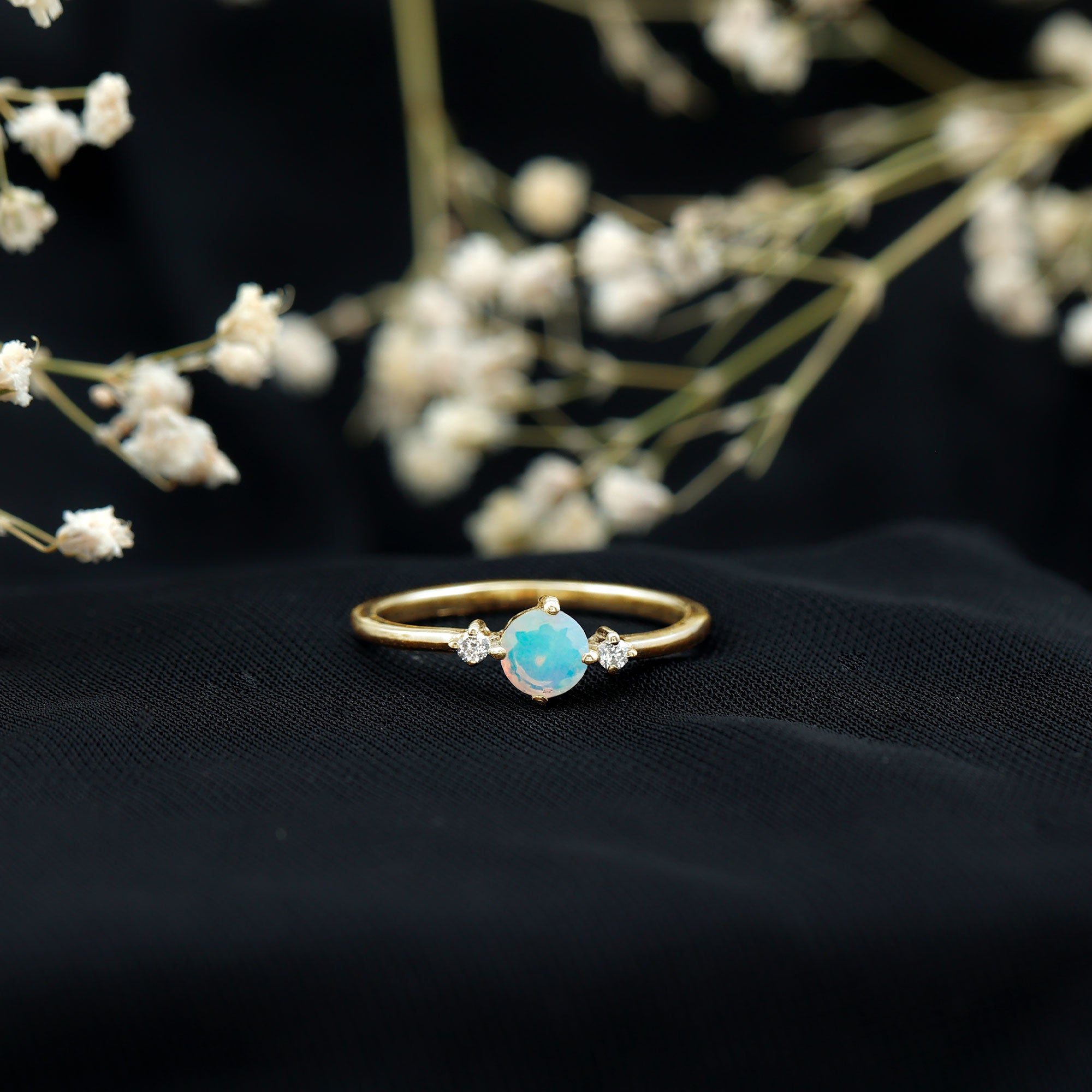 Natural Ethiopian Rainbow Opal Promise Ring with Diamond AAA - Rosec Jewels