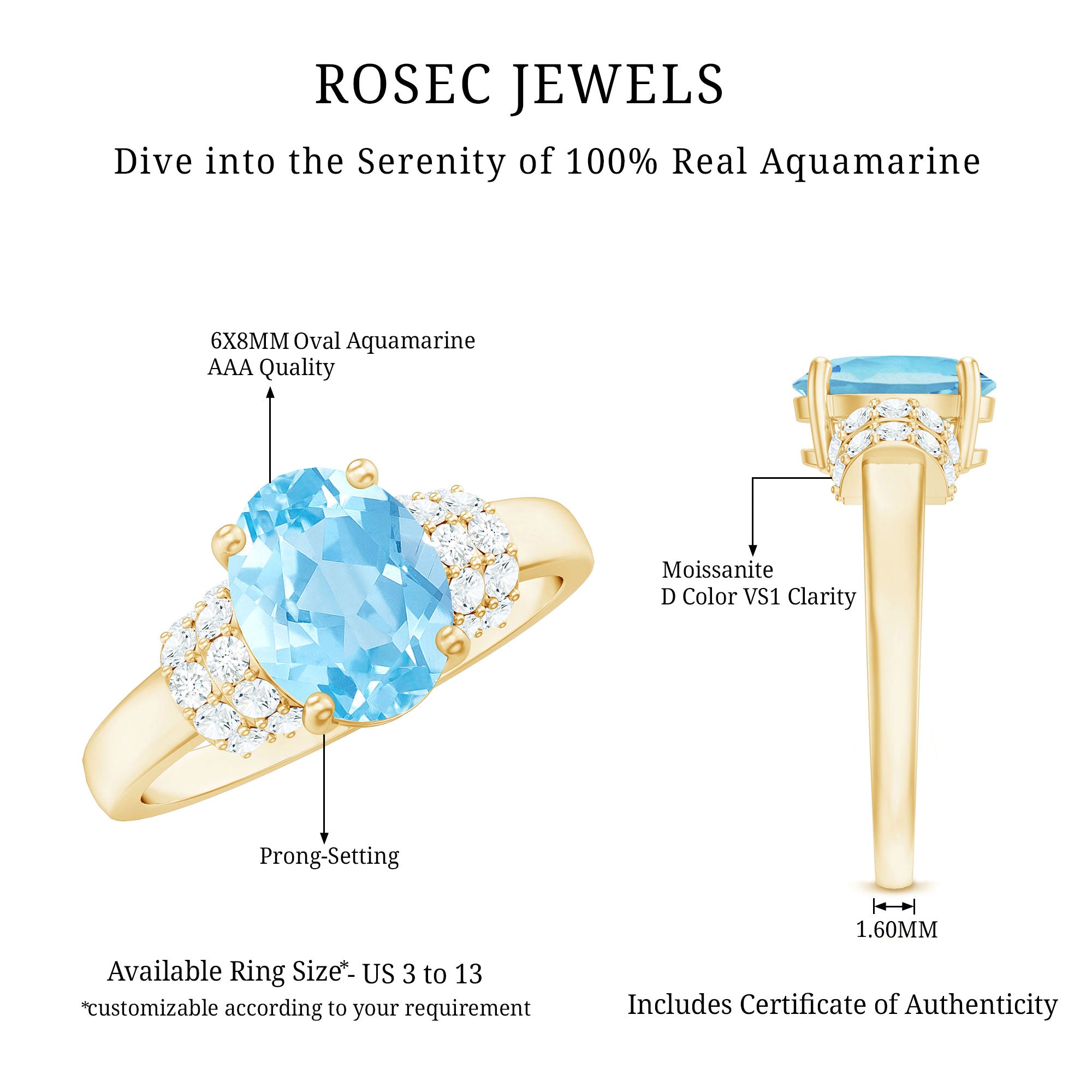 1 Carat Oval Cut Aquamarine Engagement Ring with Diamond Collar AAA - Rosec Jewels
