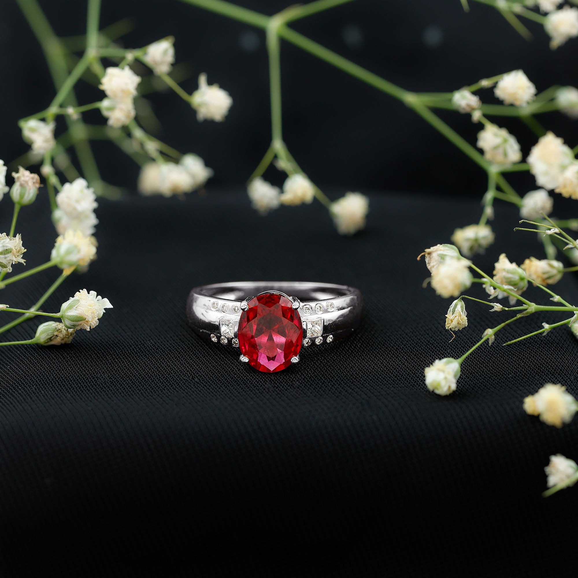 Oval Lab Grown Ruby Statement Engagement Ring with Diamond AAAA - Rosec Jewels