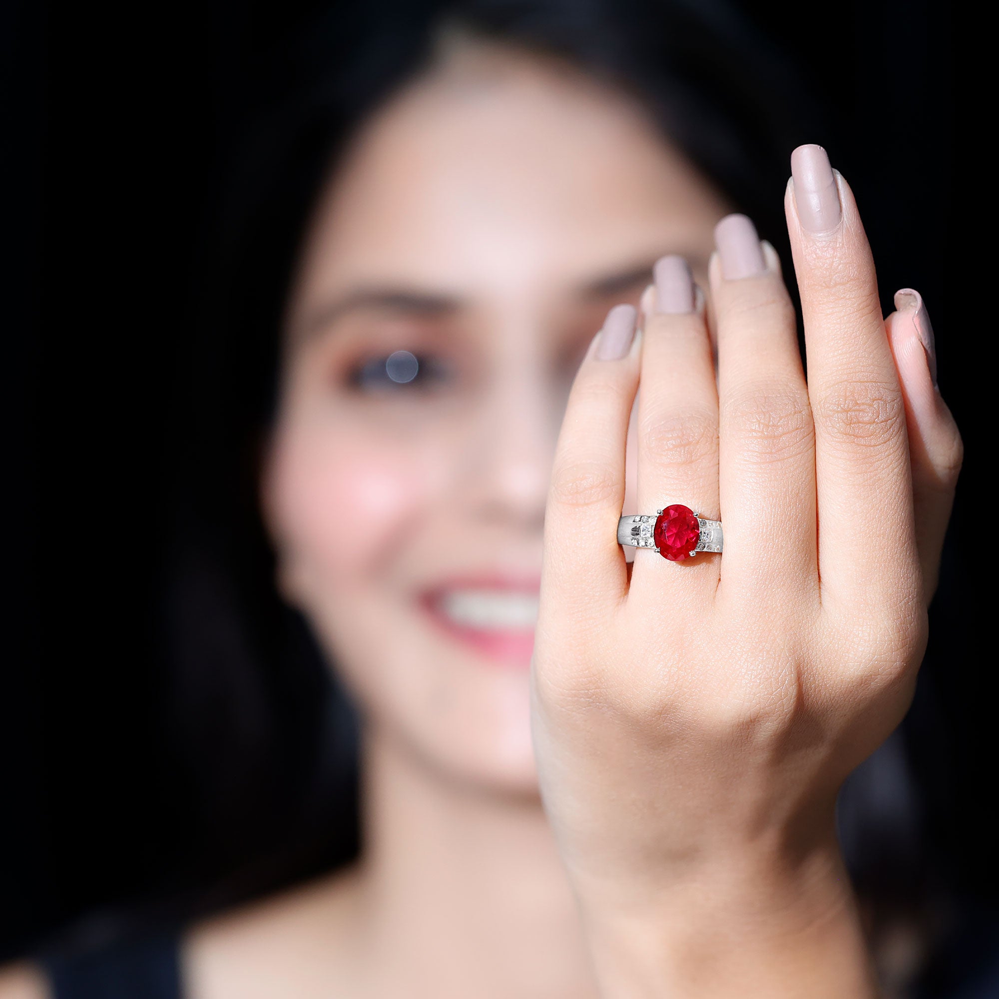 Oval Lab Grown Ruby Statement Engagement Ring with Diamond AAAA - Rosec Jewels