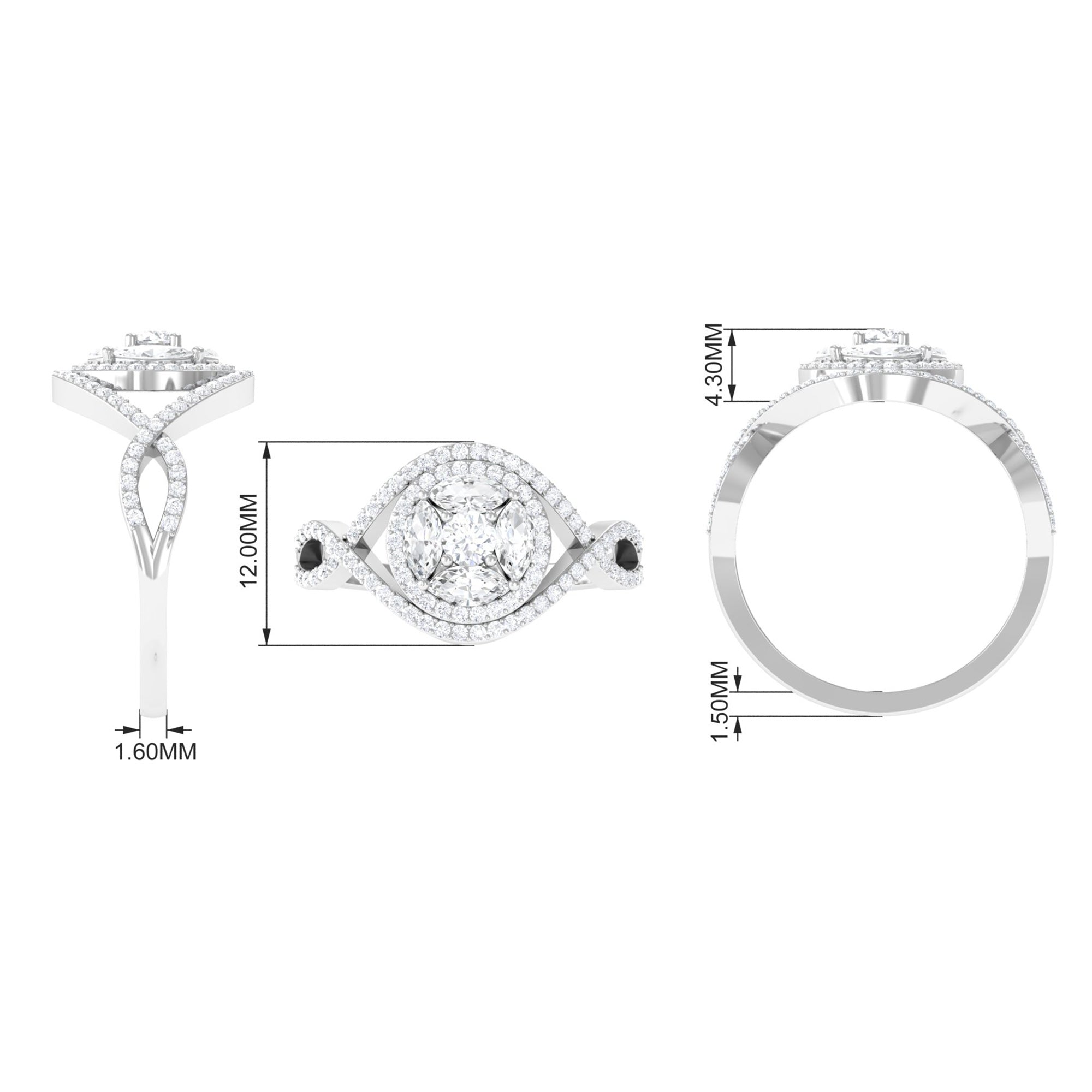 Criss Cross Zircon Cluster Engagement Ring AAAA - Rosec Jewels