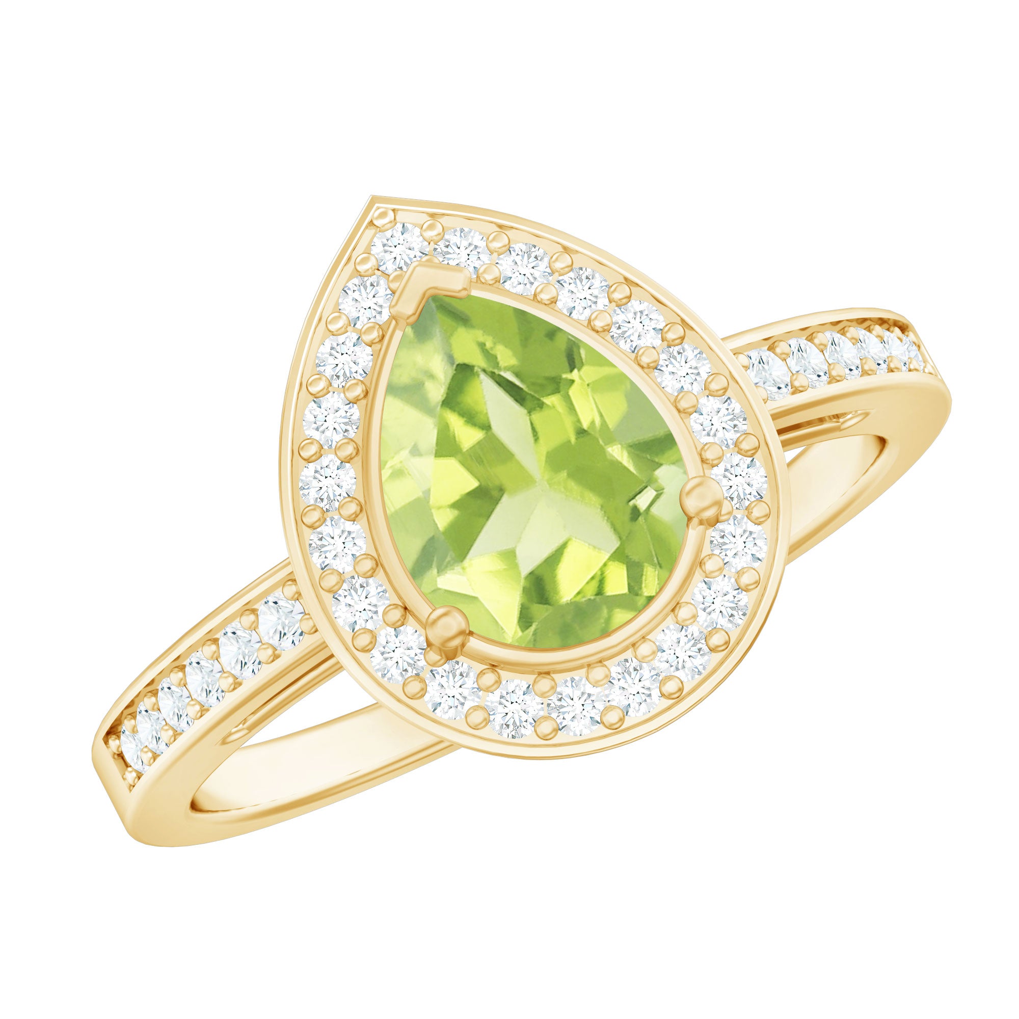 Natural 1 Carat Peridot Teardrop Engagement Ring with Diamond Halo AAA - Rosec Jewels