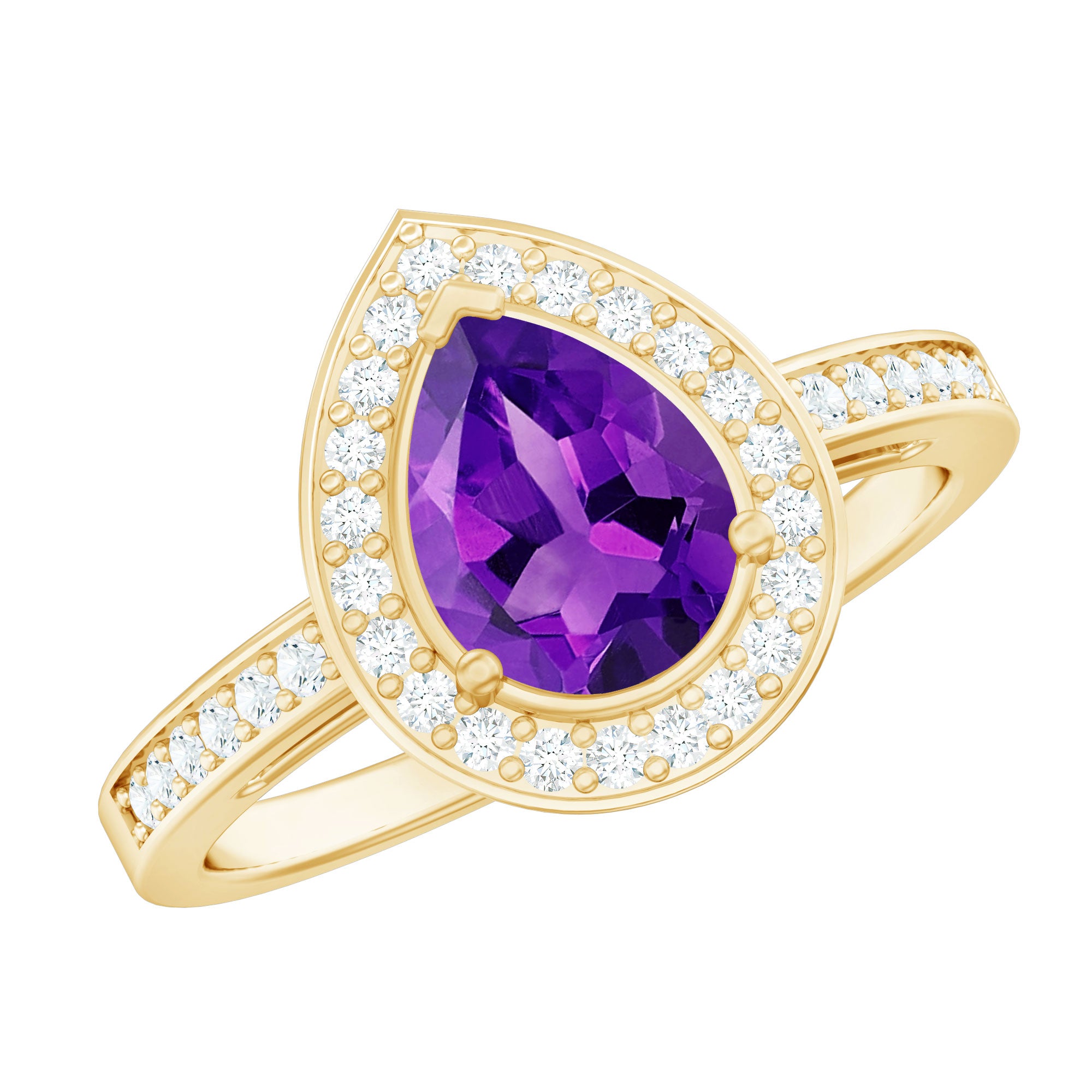 Real 1 Carat Amethyst Pear Shaped Engagement Ring with Diamond Halo AAA - Rosec Jewels