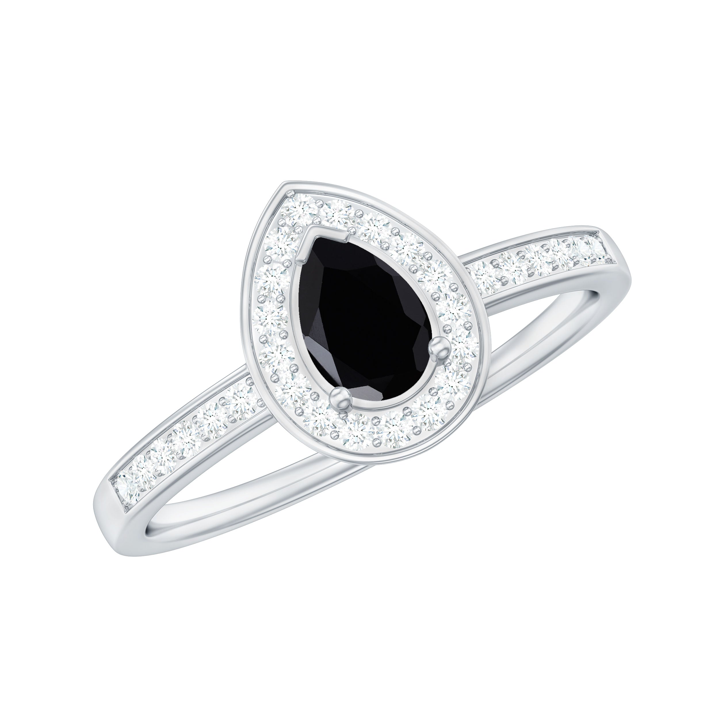 Genuine Black Spinel Teardrop Engagement Ring with Diamond Halo AAA - Rosec Jewels