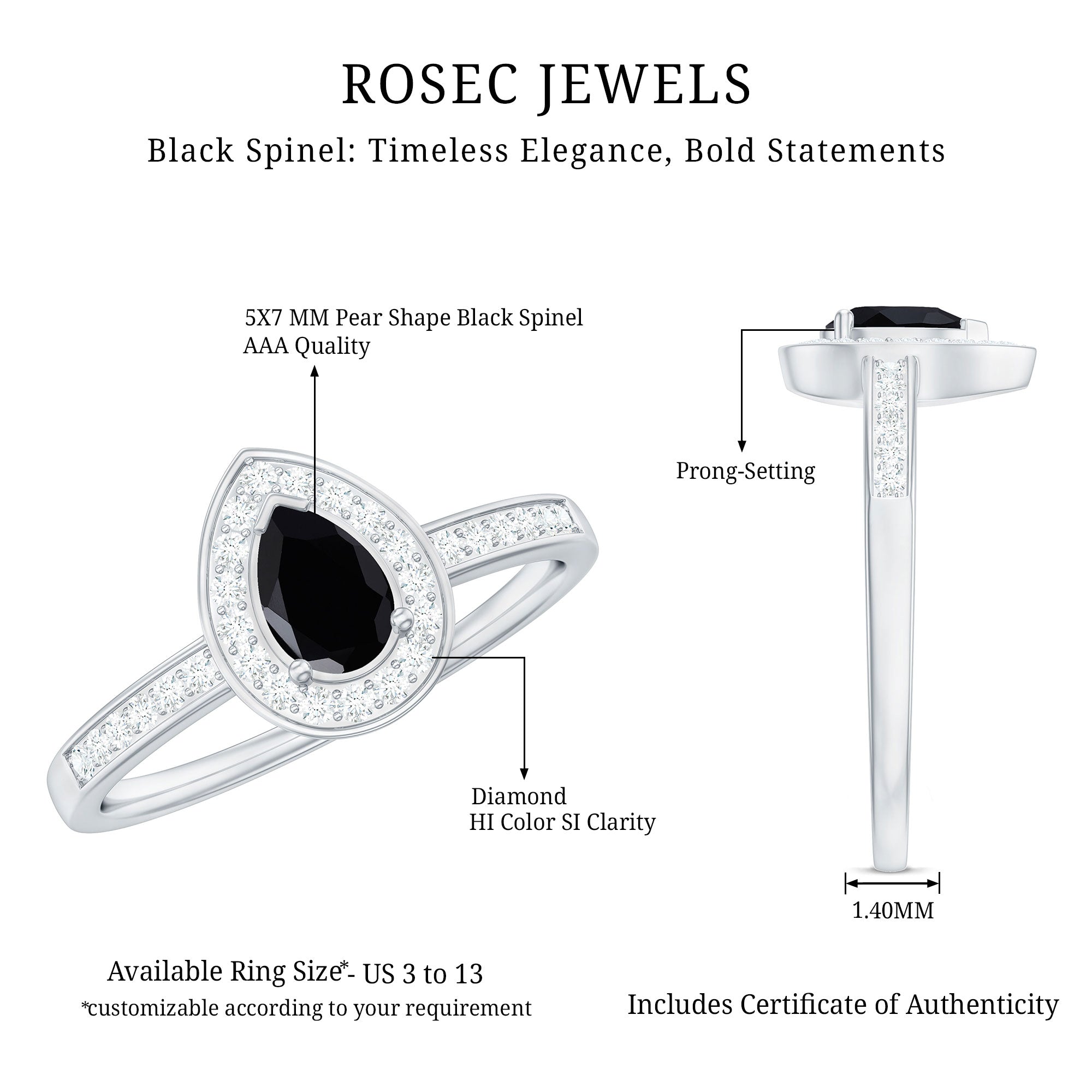 Genuine Black Spinel Teardrop Engagement Ring with Diamond Halo AAA - Rosec Jewels