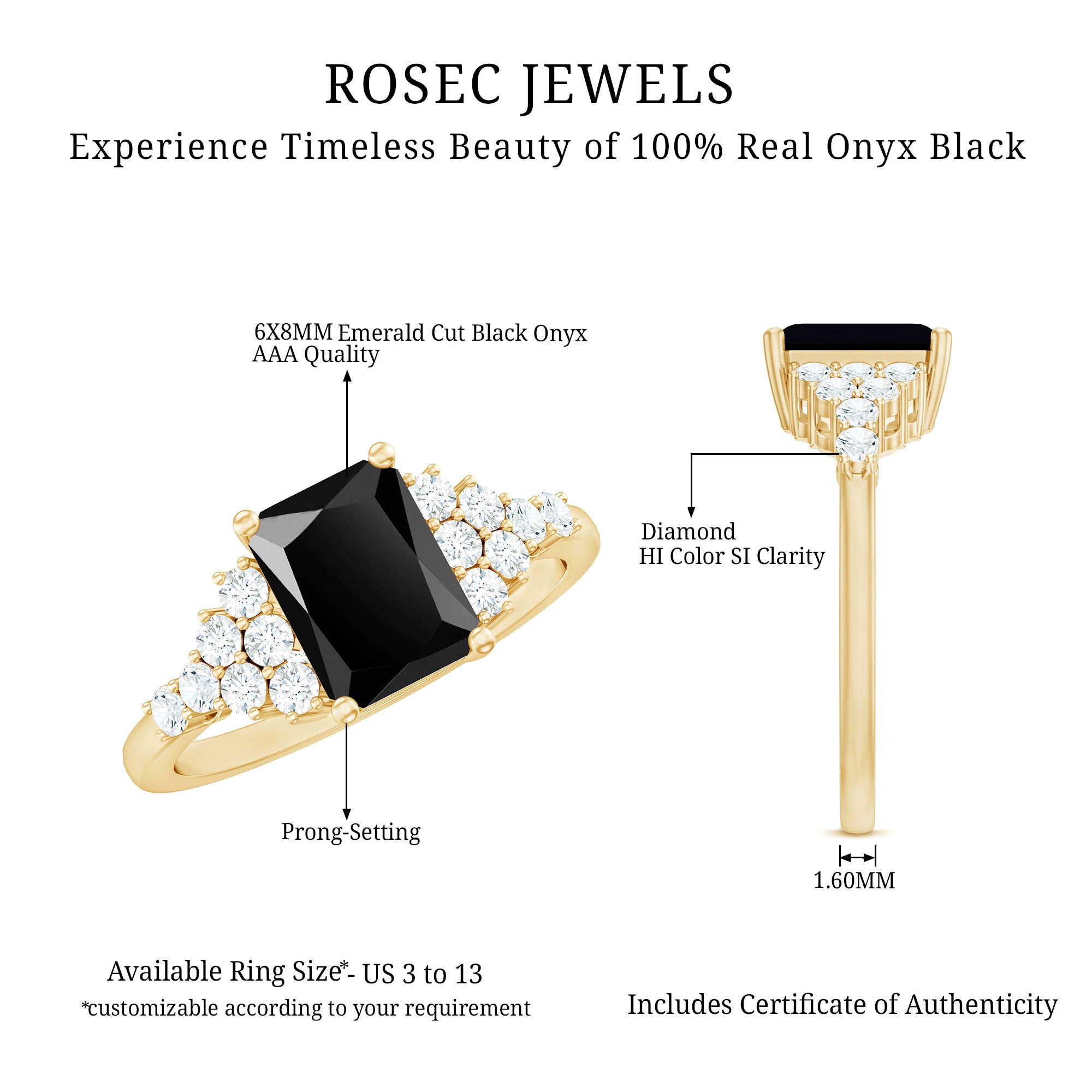 Certified 6X8MM Emerald Cut Black Onyx Engagement Ring with Diamonds AAA - Rosec Jewels