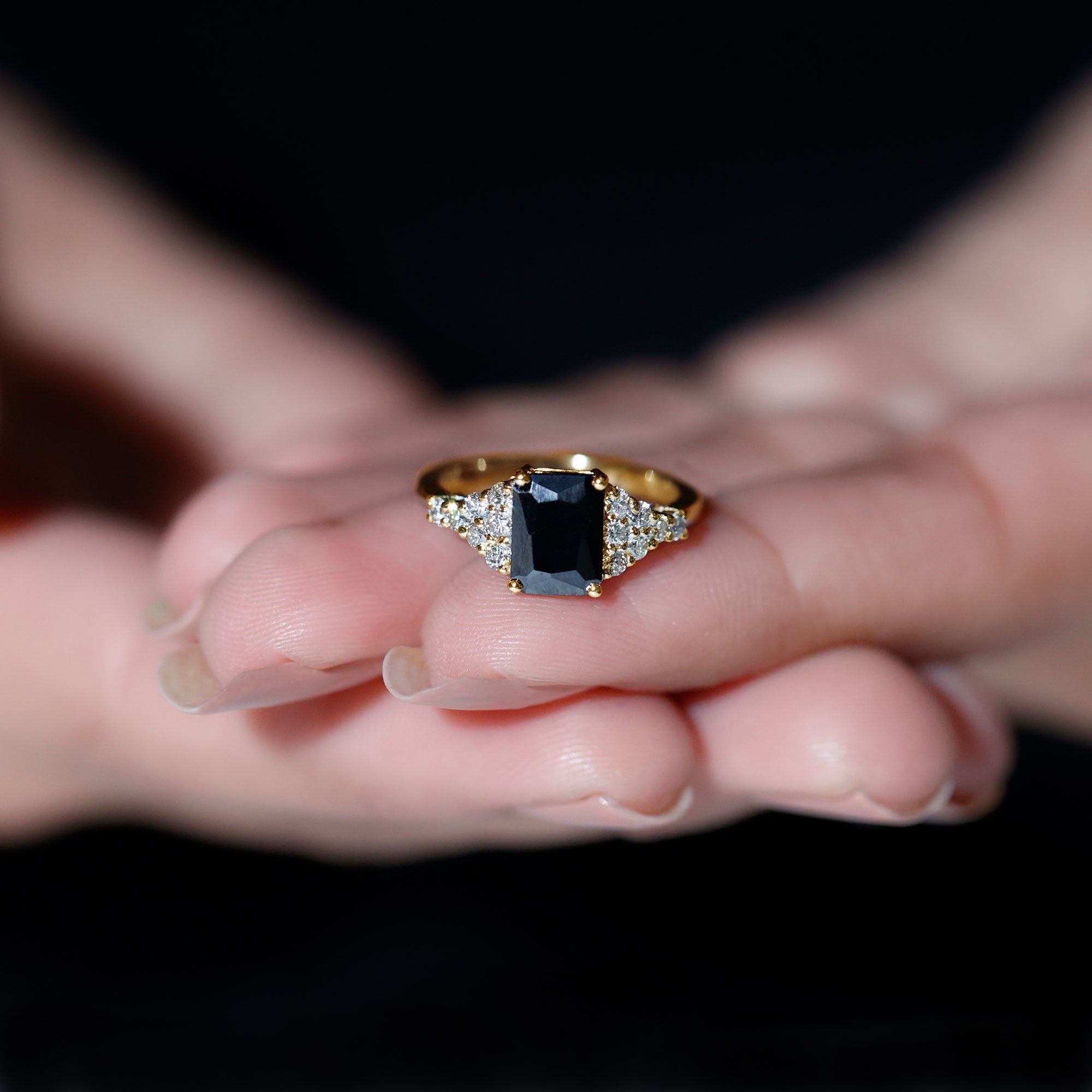 Certified 6X8MM Emerald Cut Black Onyx Engagement Ring with Diamonds AAA - Rosec Jewels