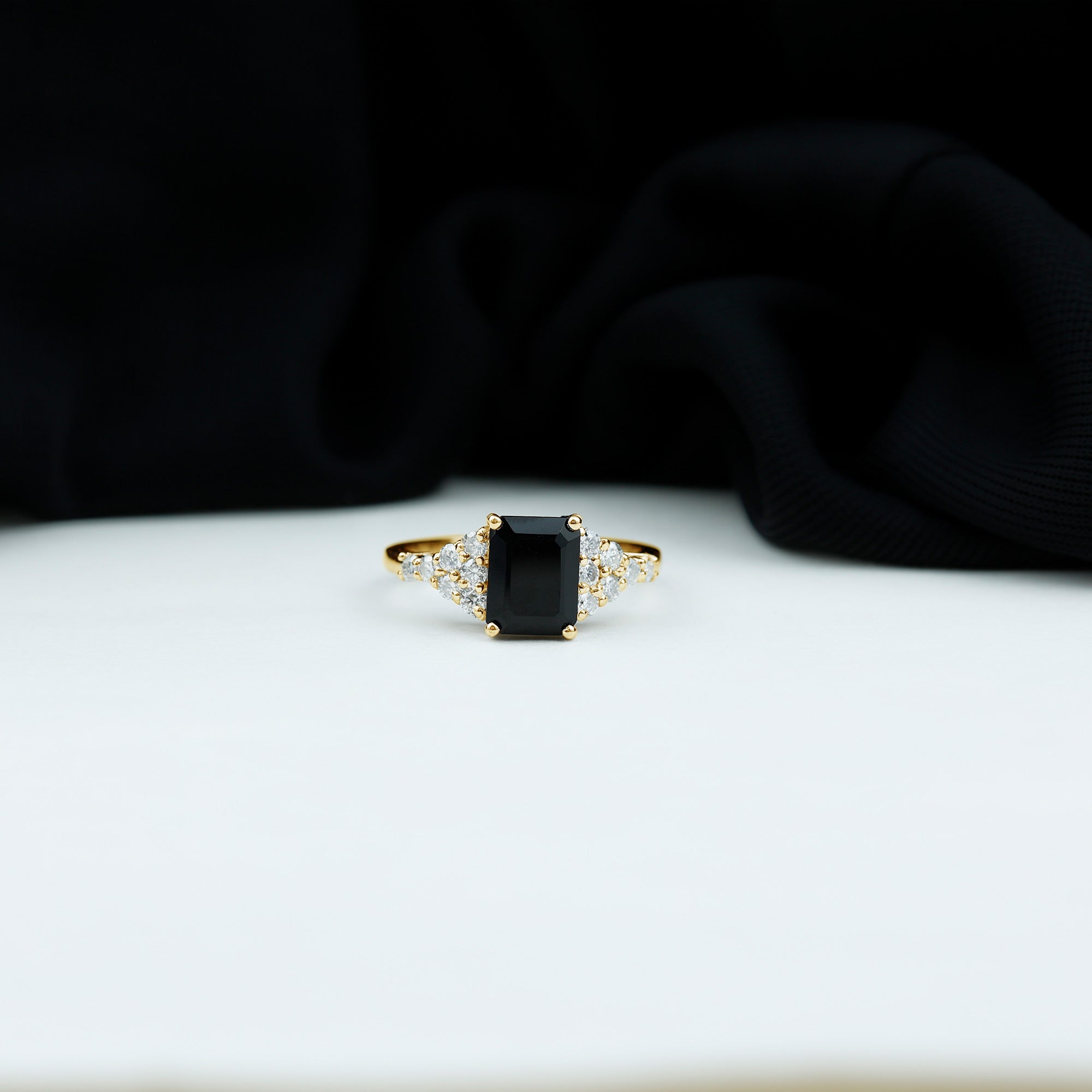 Certified 6X8MM Emerald Cut Black Onyx Engagement Ring with Diamonds AAA - Rosec Jewels