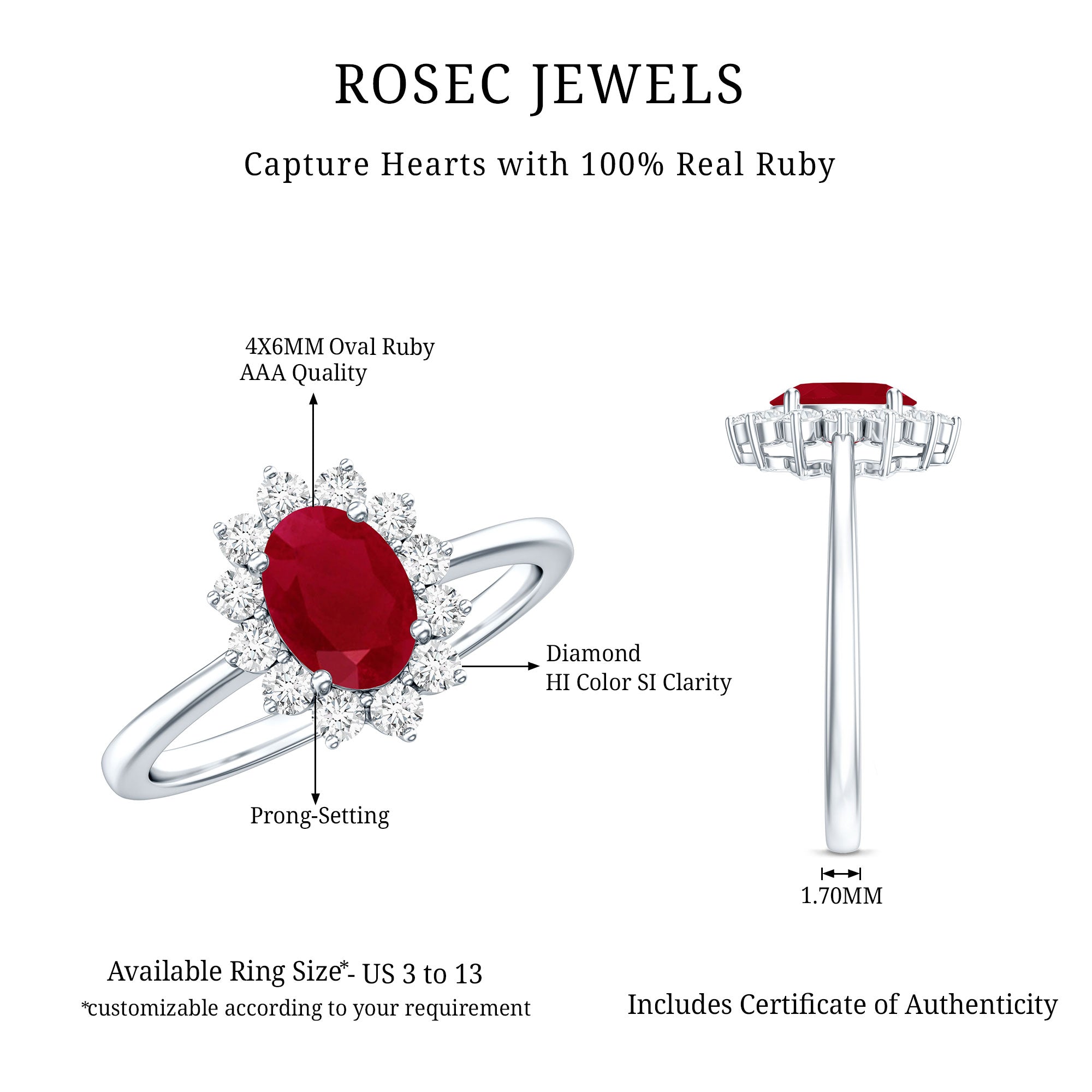 Natural 0.6 Carat Oval Ruby Engagement Ring with Diamond Halo AAA - Rosec Jewels