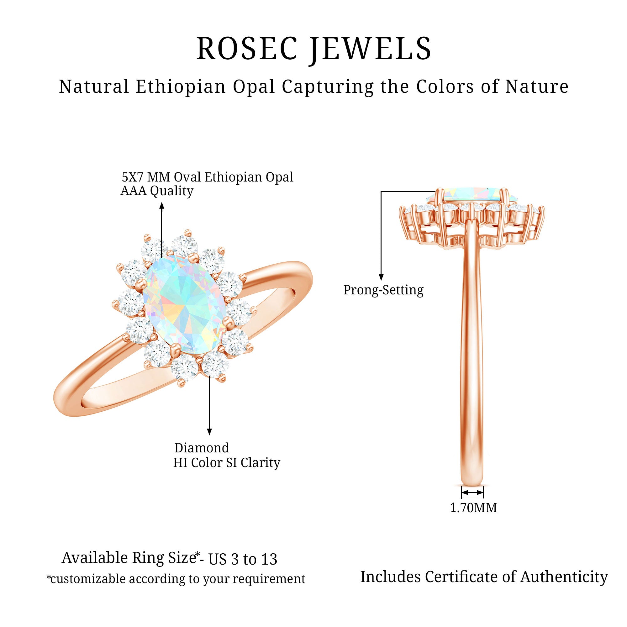 Certified Real Ethiopian Opal Oval Engagement Ring with Diamond Halo AAA - Rosec Jewels