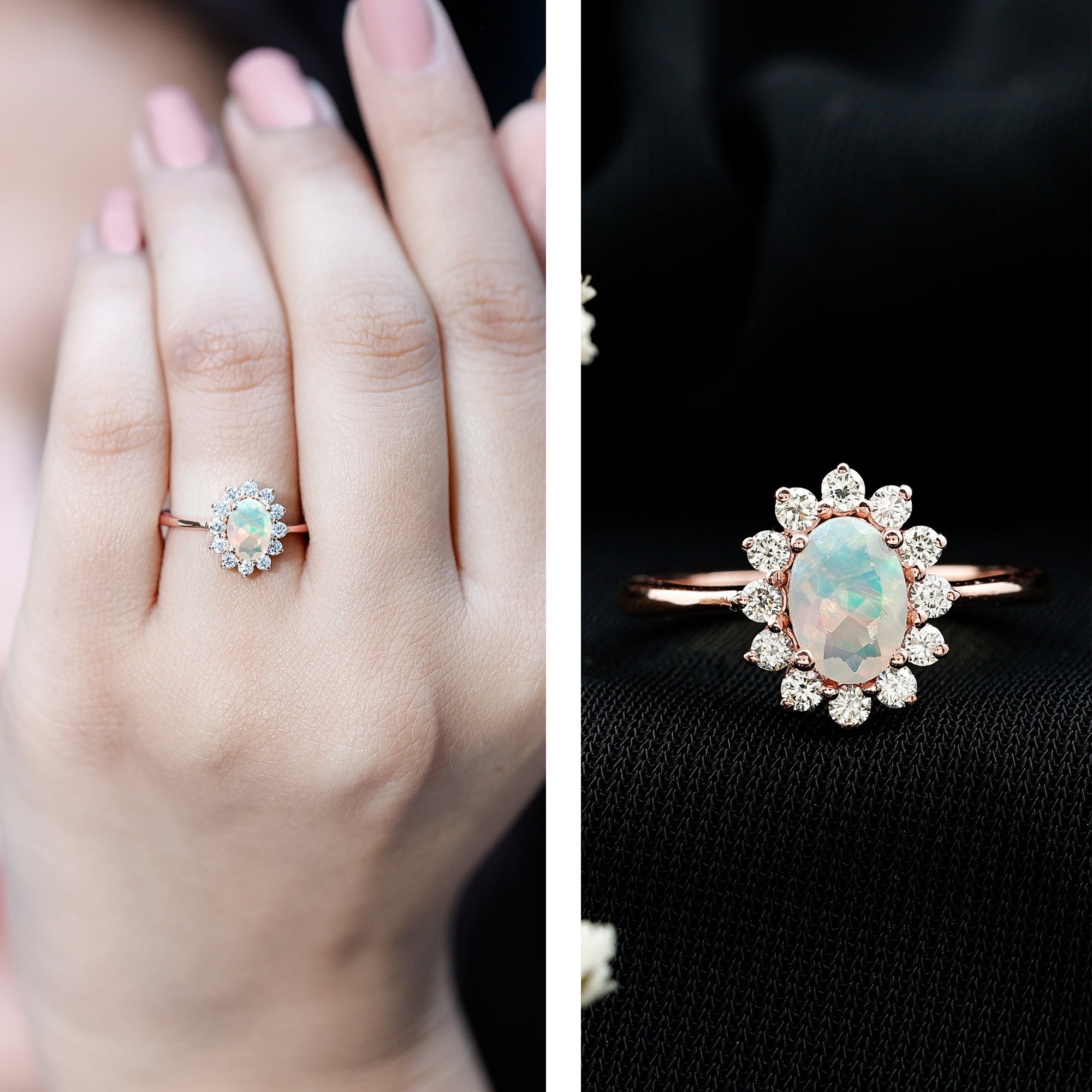 Certified Real Ethiopian Opal Oval Engagement Ring with Diamond Halo AAA - Rosec Jewels