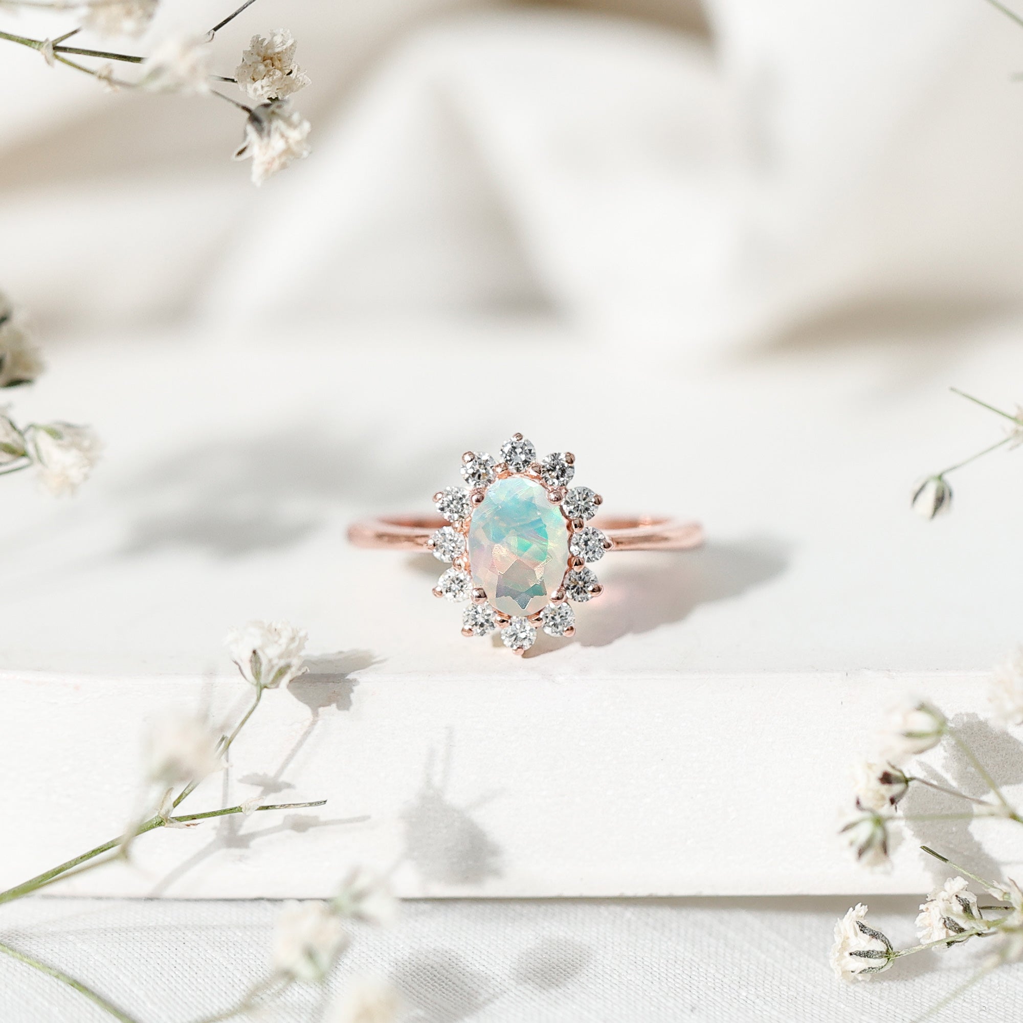 Certified Real Ethiopian Opal Oval Engagement Ring with Diamond Halo AAA - Rosec Jewels