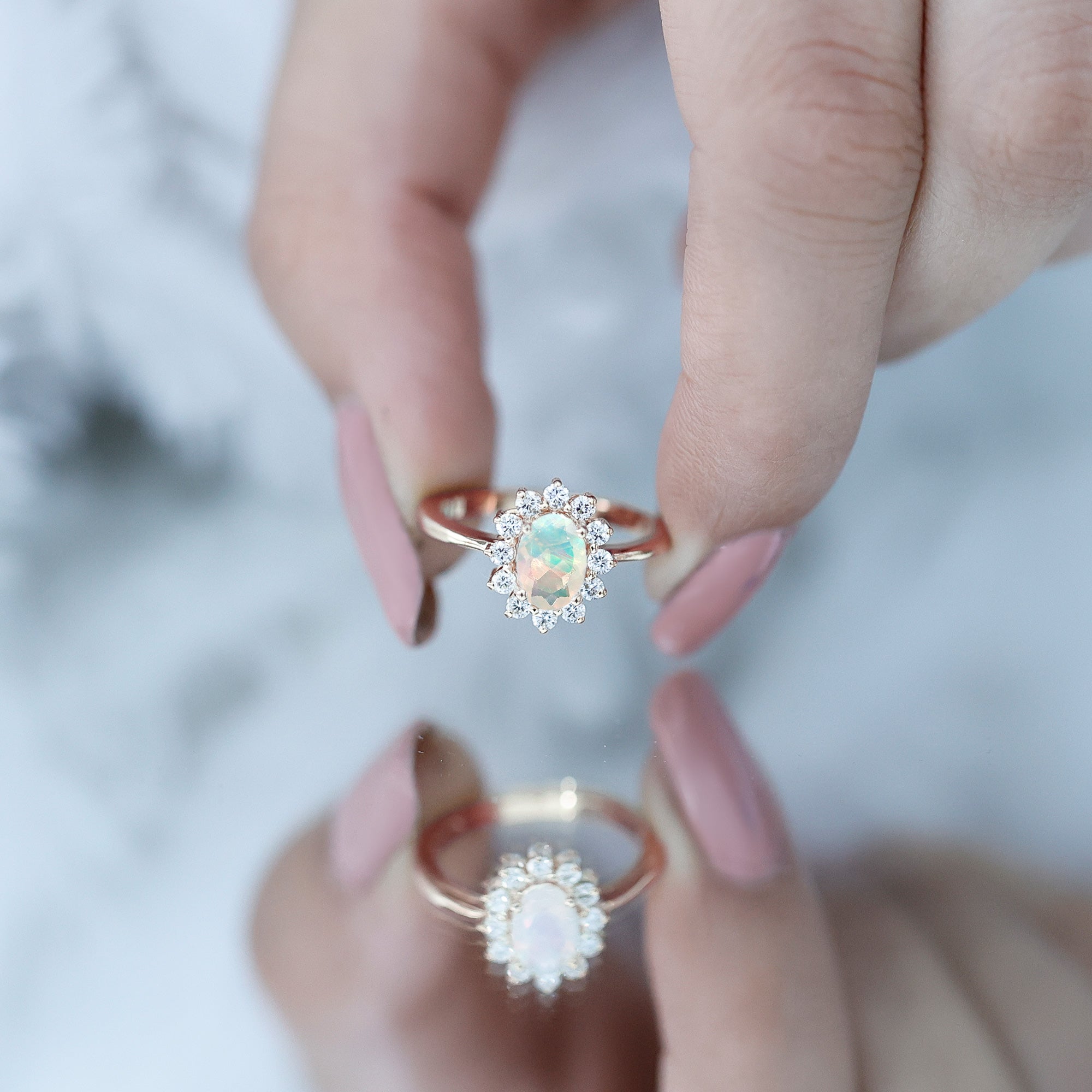 Certified Real Ethiopian Opal Oval Engagement Ring with Diamond Halo AAA - Rosec Jewels
