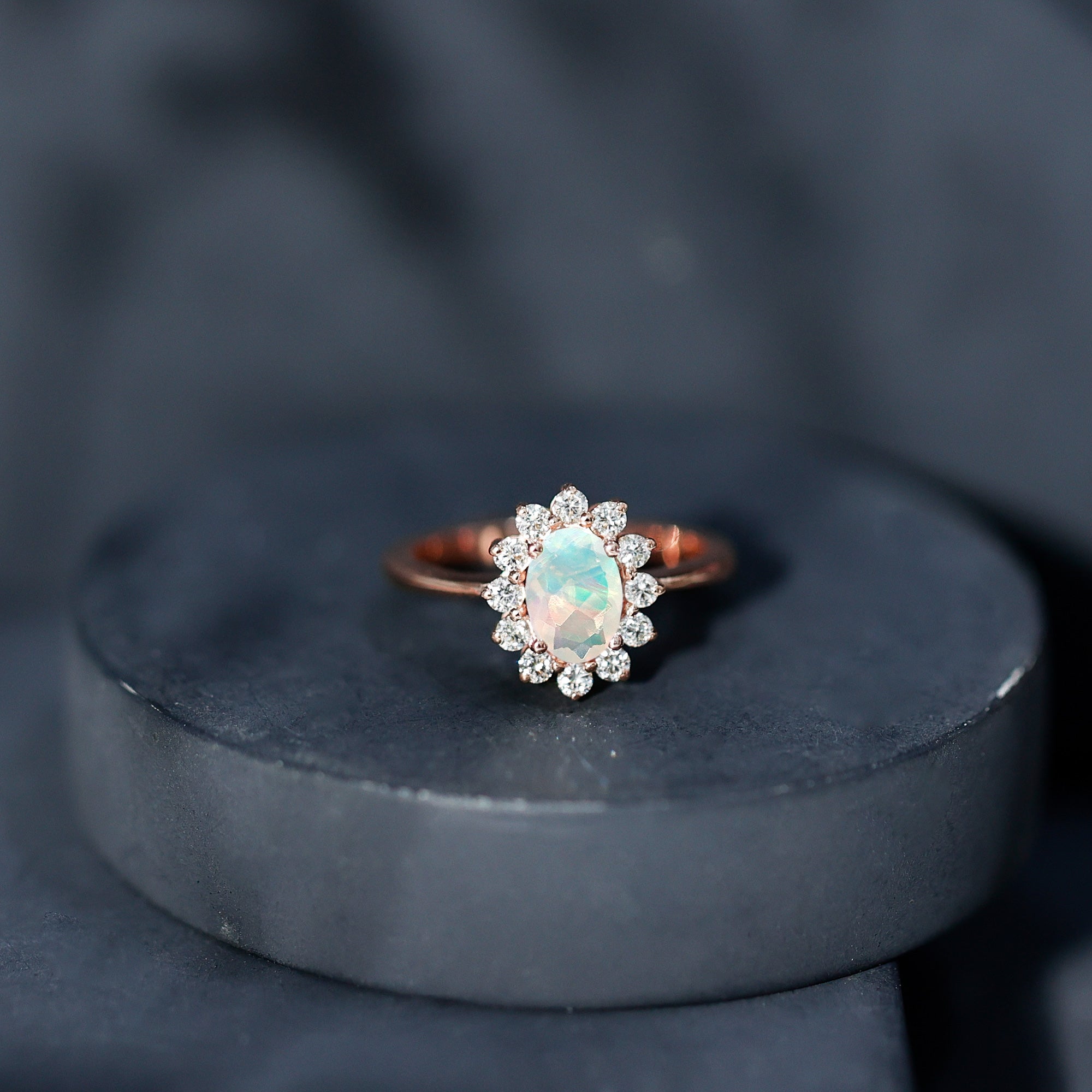 Certified Real Ethiopian Opal Oval Engagement Ring with Diamond Halo AAA - Rosec Jewels