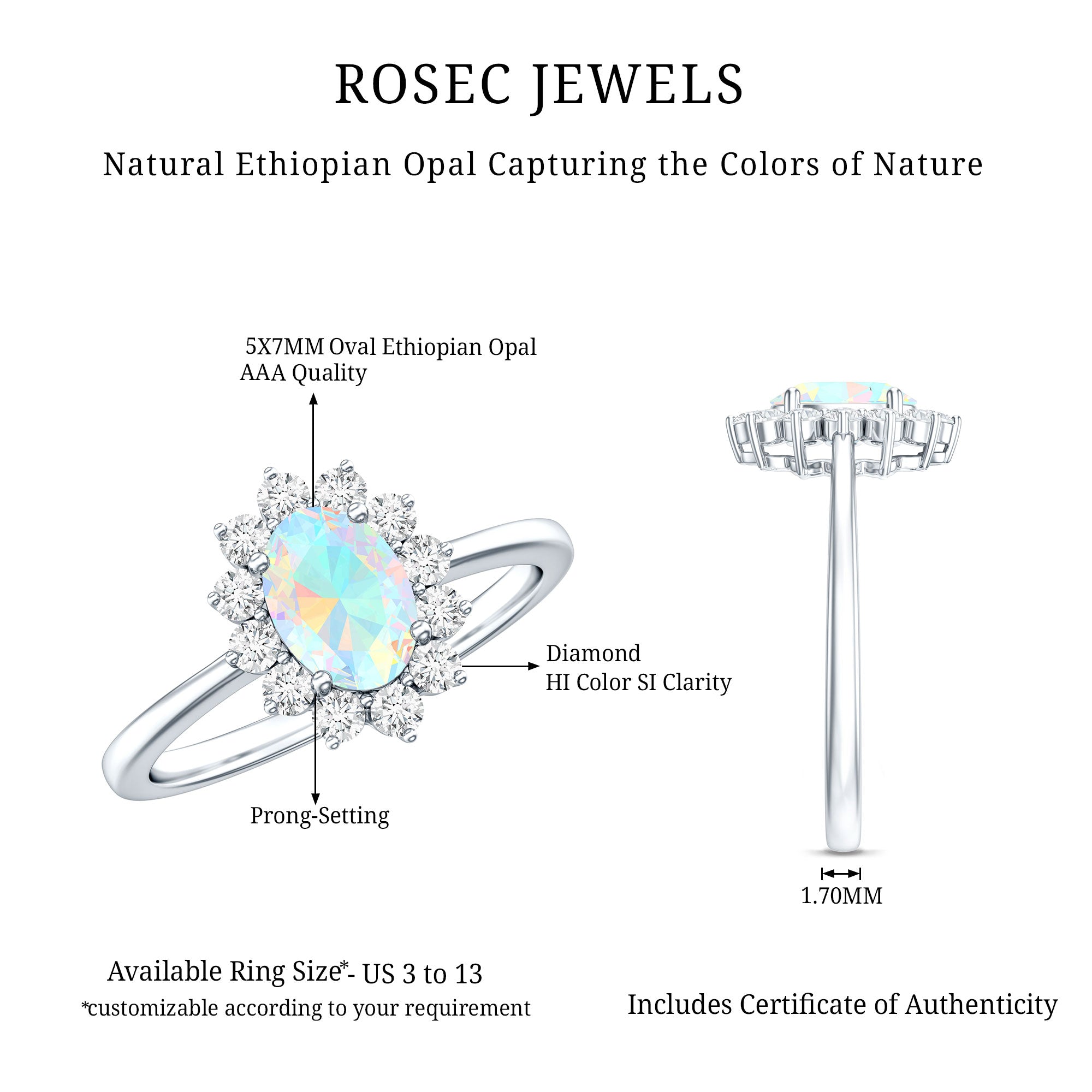 Certified Real Ethiopian Opal Oval Engagement Ring with Diamond Halo AAA - Rosec Jewels