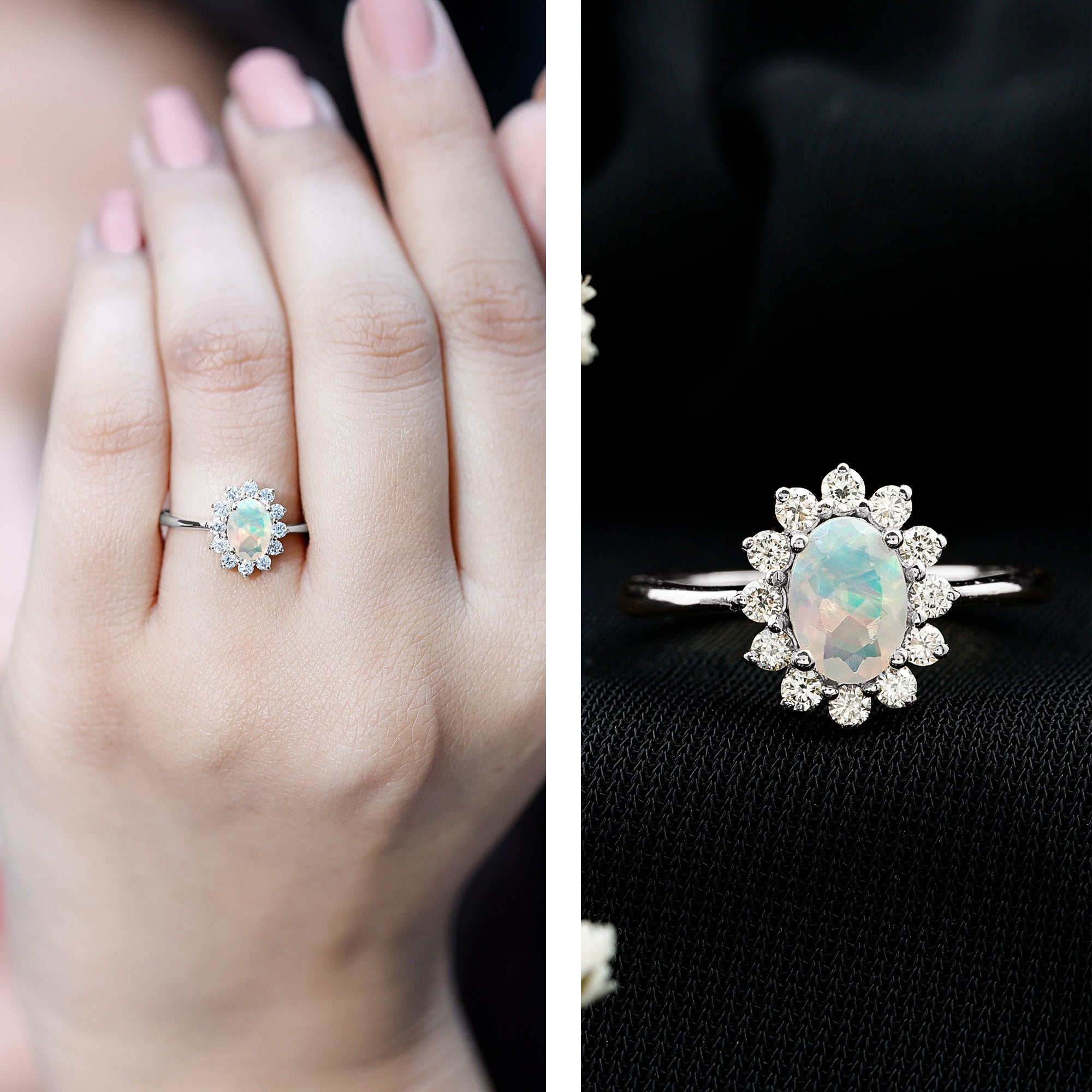 Certified Real Ethiopian Opal Oval Engagement Ring with Diamond Halo AAA - Rosec Jewels
