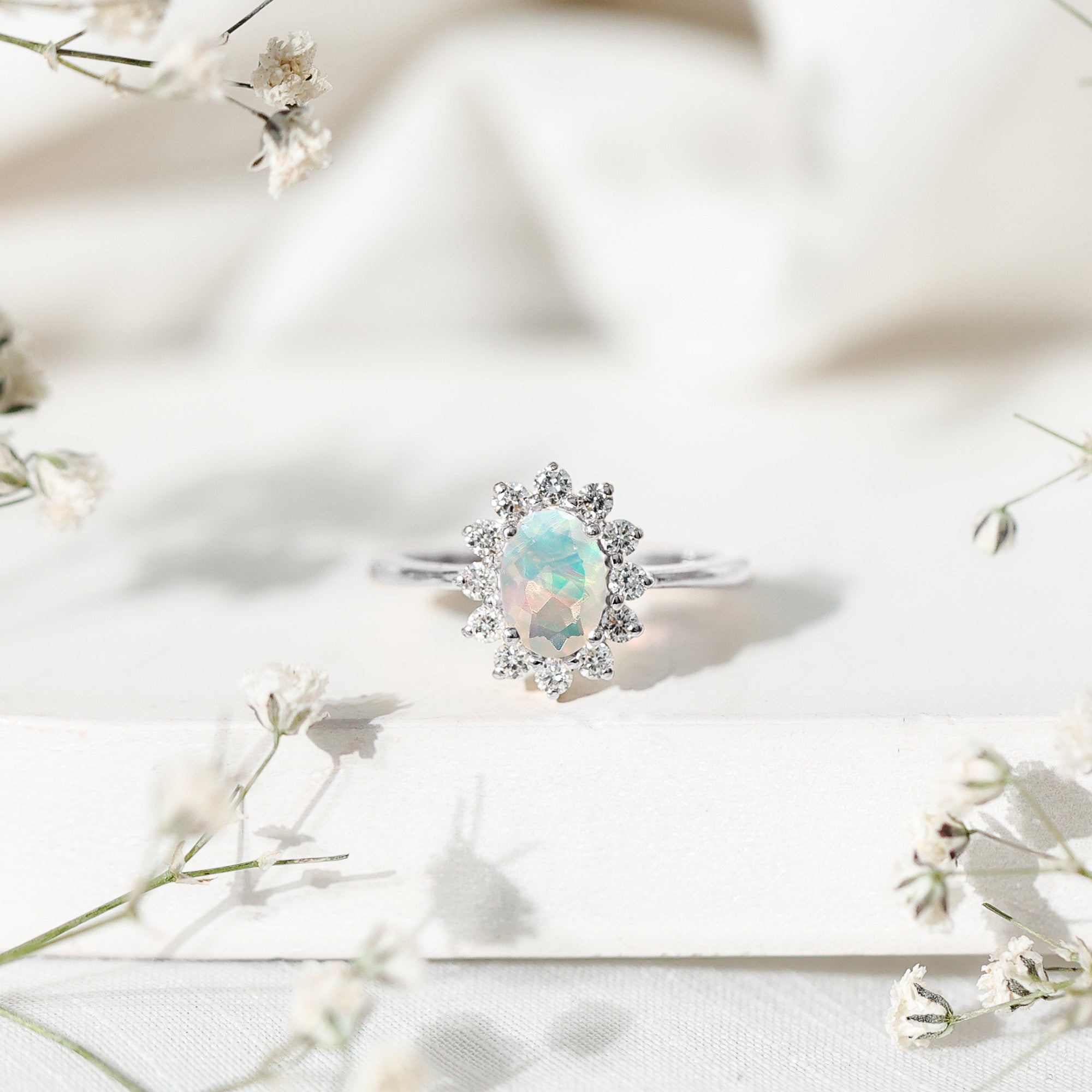 Certified Real Ethiopian Opal Oval Engagement Ring with Diamond Halo AAA - Rosec Jewels