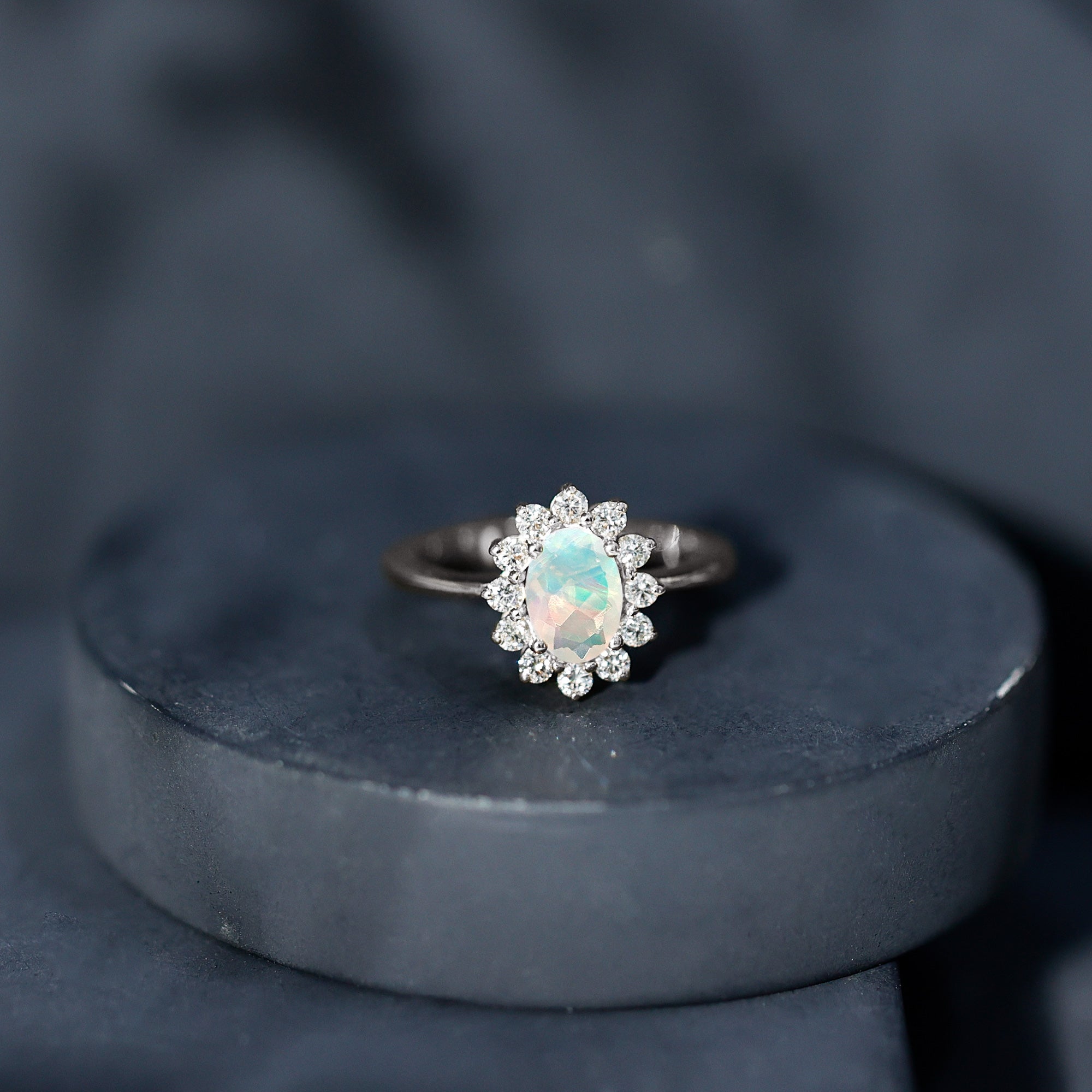 Certified Real Ethiopian Opal Oval Engagement Ring with Diamond Halo AAA - Rosec Jewels