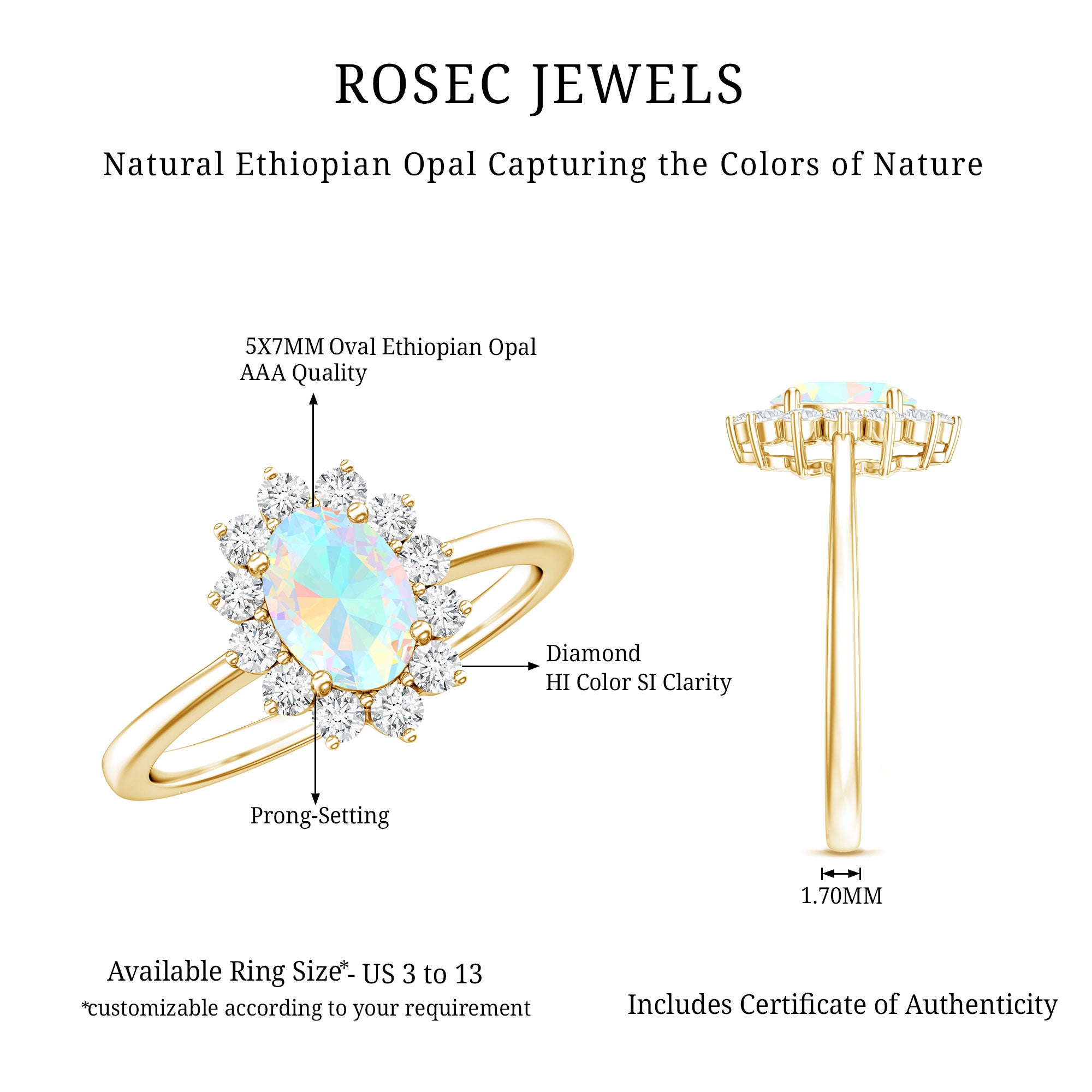 Certified Real Ethiopian Opal Oval Engagement Ring with Diamond Halo AAA - Rosec Jewels
