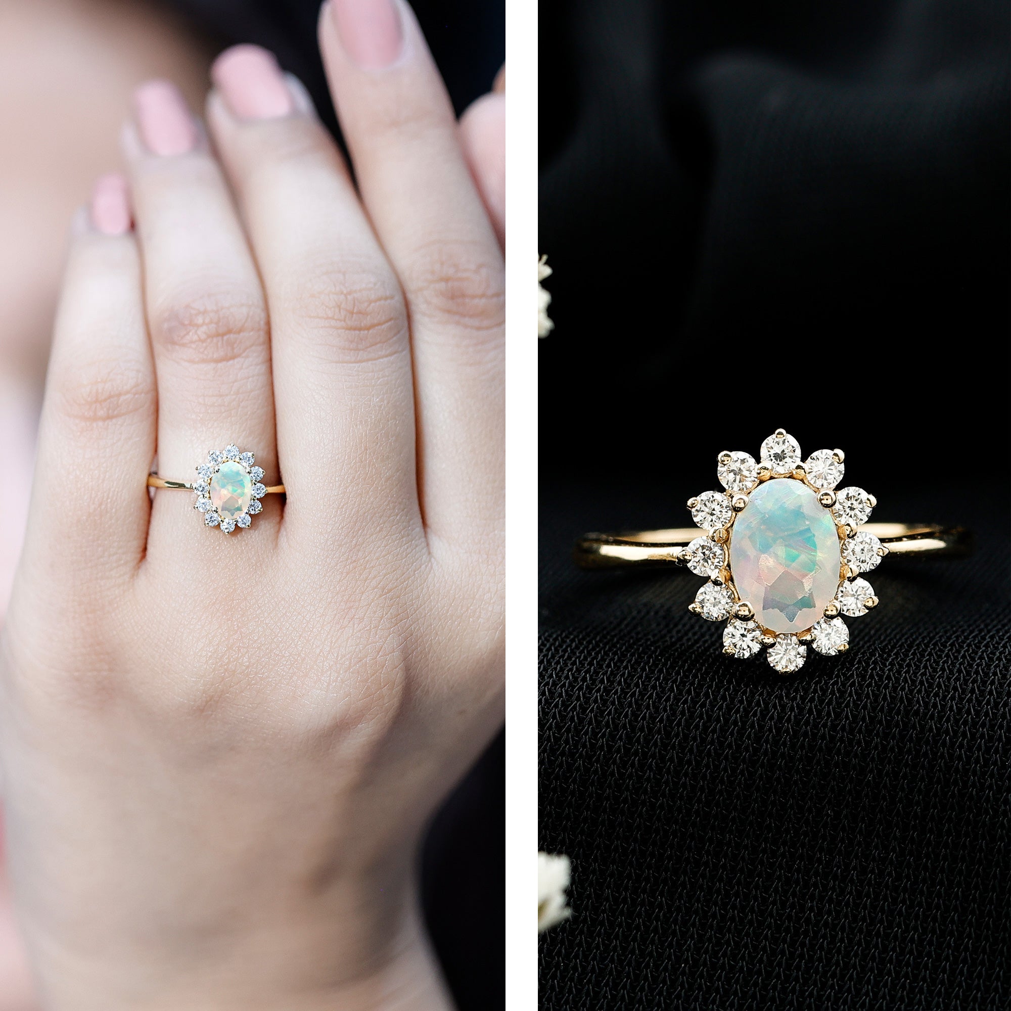 Certified Real Ethiopian Opal Oval Engagement Ring with Diamond Halo AAA - Rosec Jewels