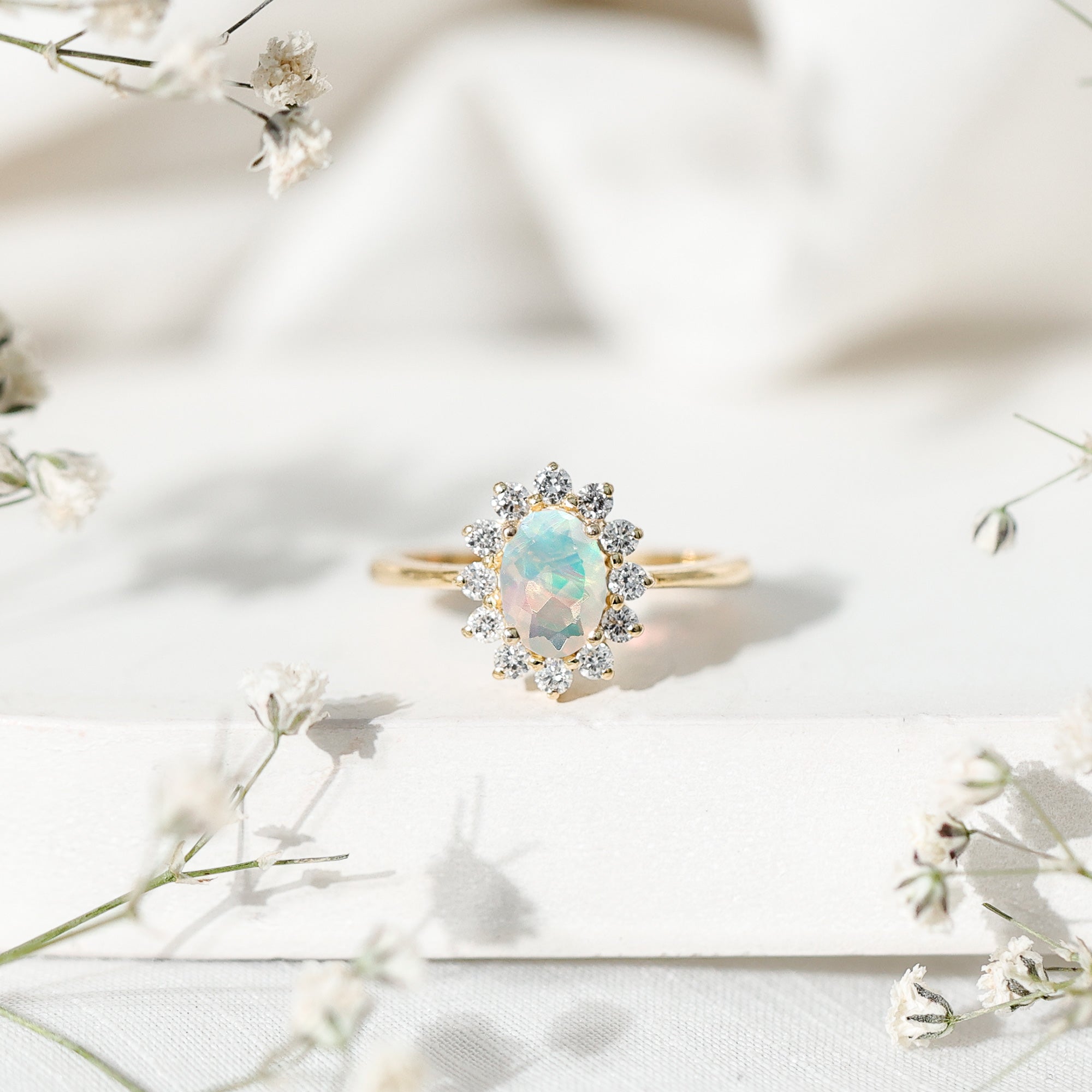 Certified Real Ethiopian Opal Oval Engagement Ring with Diamond Halo AAA - Rosec Jewels
