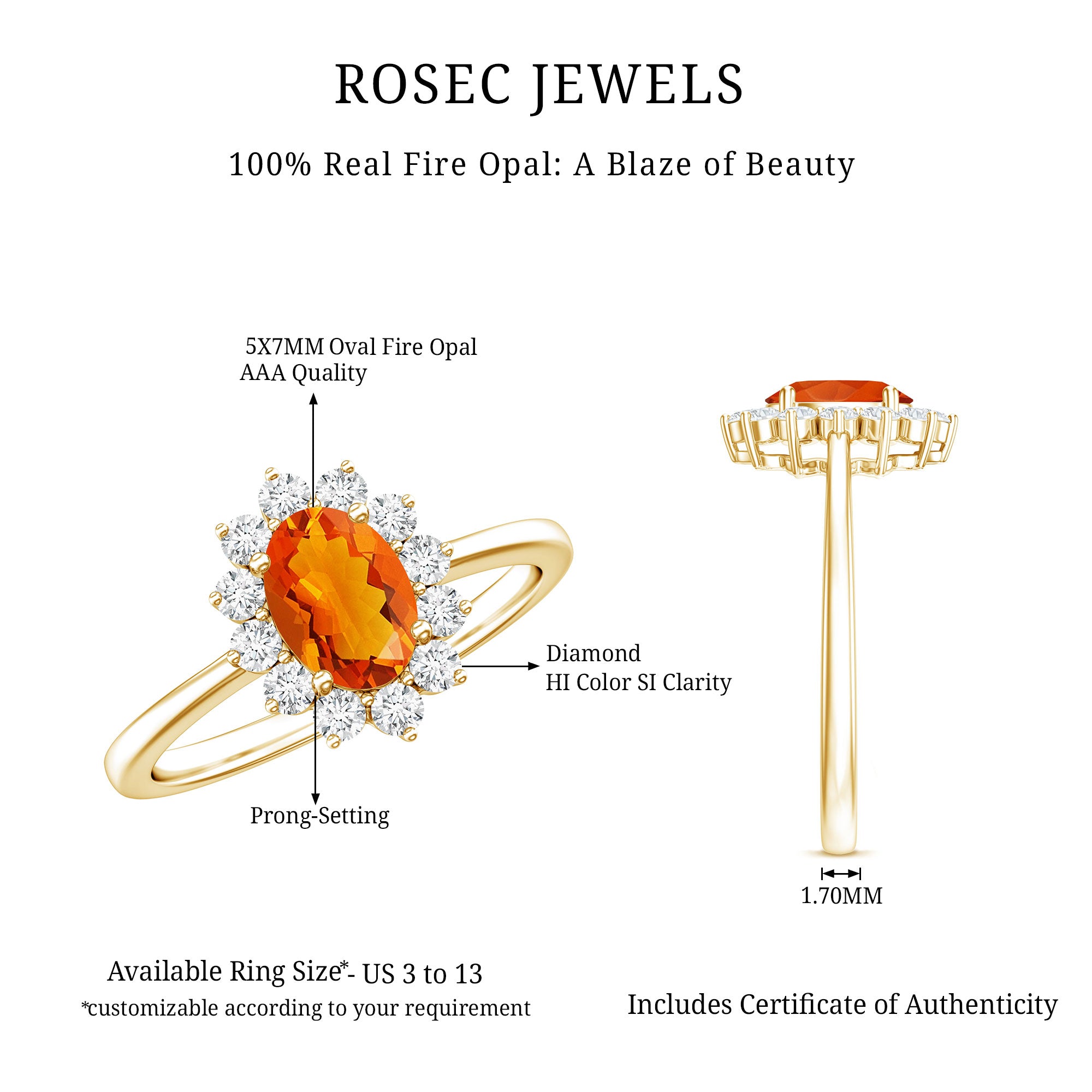 1 CT Princess Diana Inspired Fire Opal and Diamond Engagement Ring AAA - Rosec Jewels