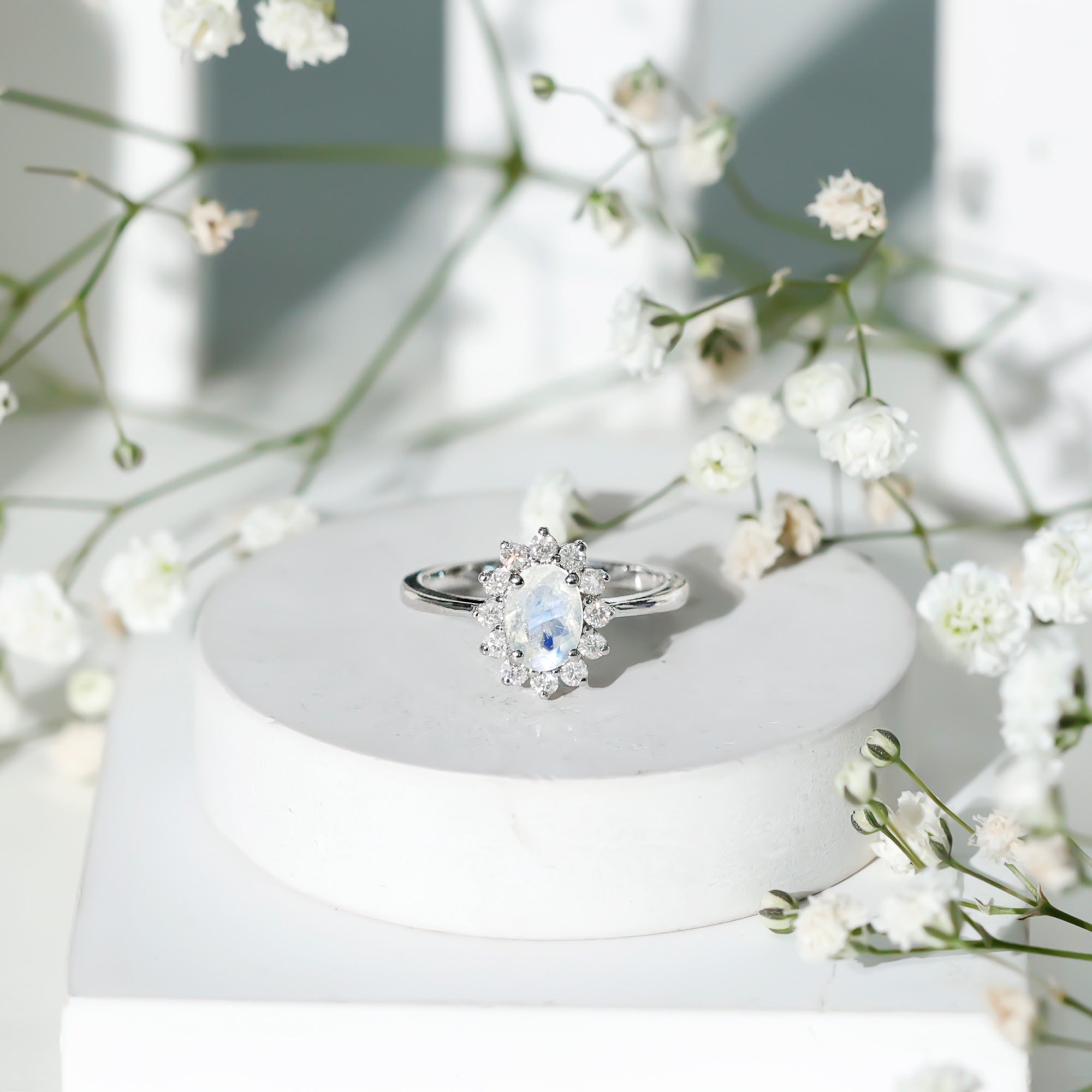 Rosec Jewels-Princess Diana Inspired Moonstone Engagement Ring Diamond Halo