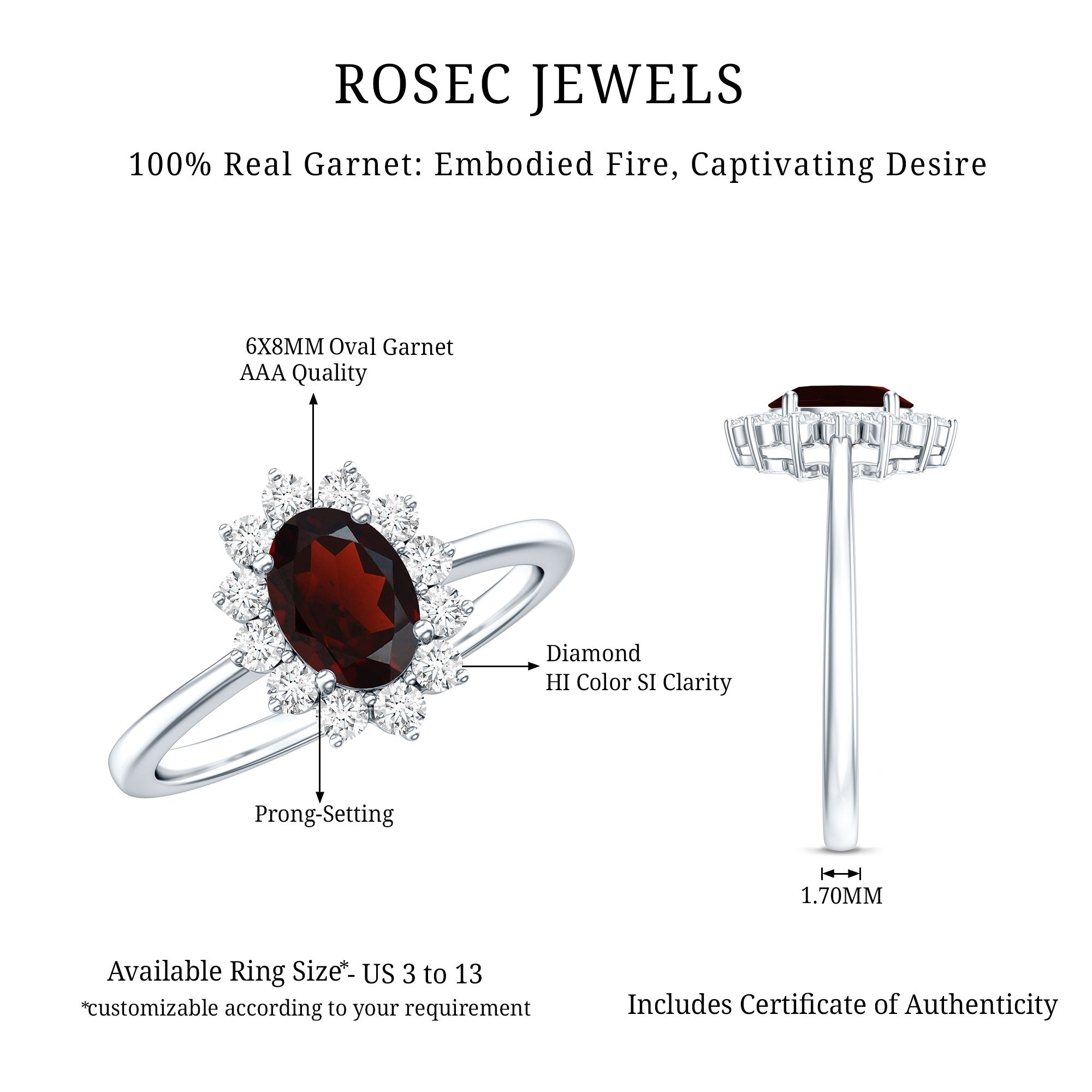 Natural 6X8mm Garnet Oblong Engagement Ring with Diamond Halo AAA - Rosec Jewels