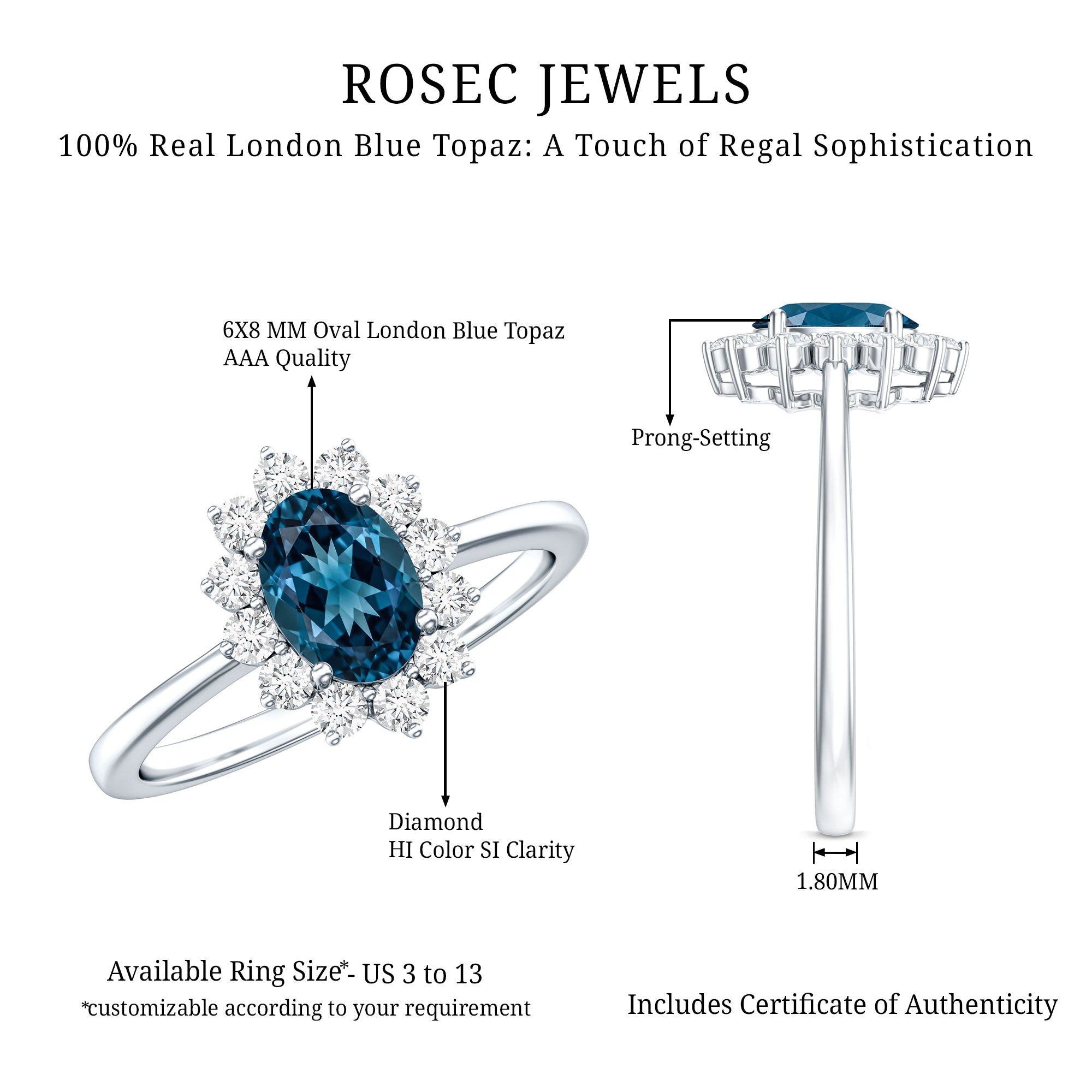 Real 1 Carat London Blue Topaz Princess Diana Inspired Engagement Ring with Diamond AAA - Rosec Jewels