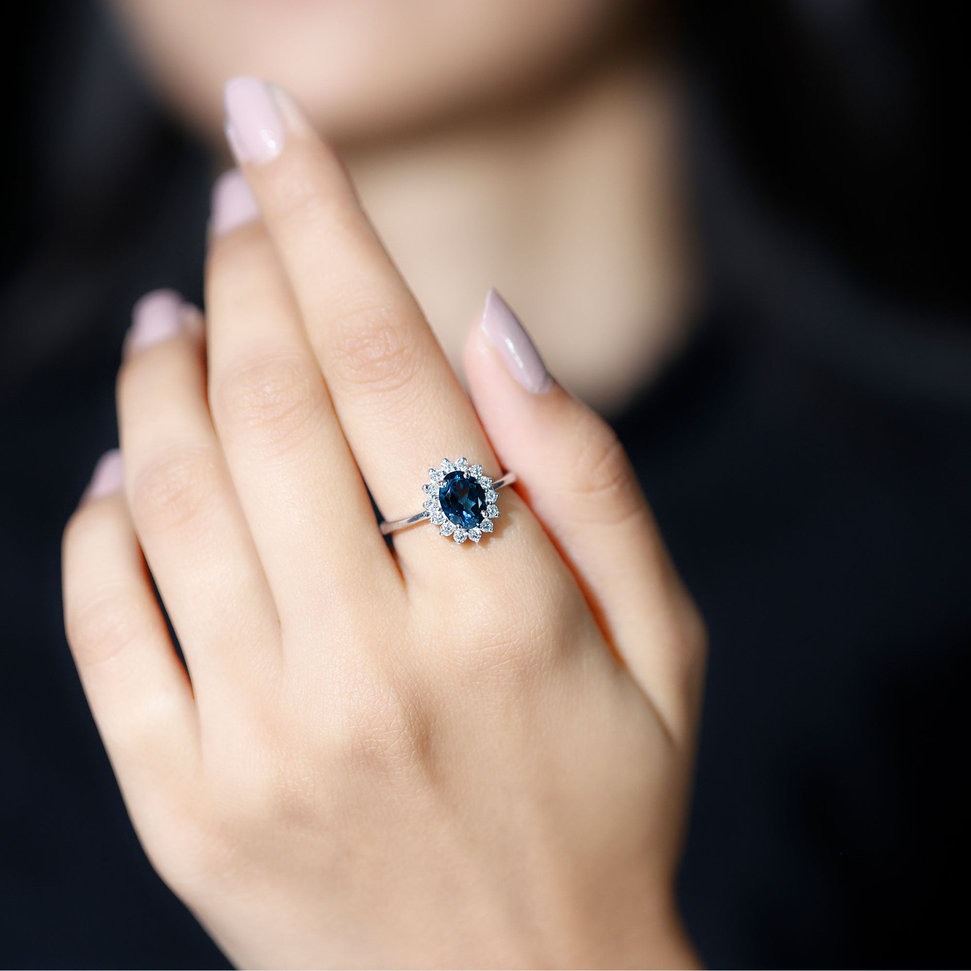 Real 1 Carat London Blue Topaz Princess Diana Inspired Engagement Ring with Diamond AAA - Rosec Jewels