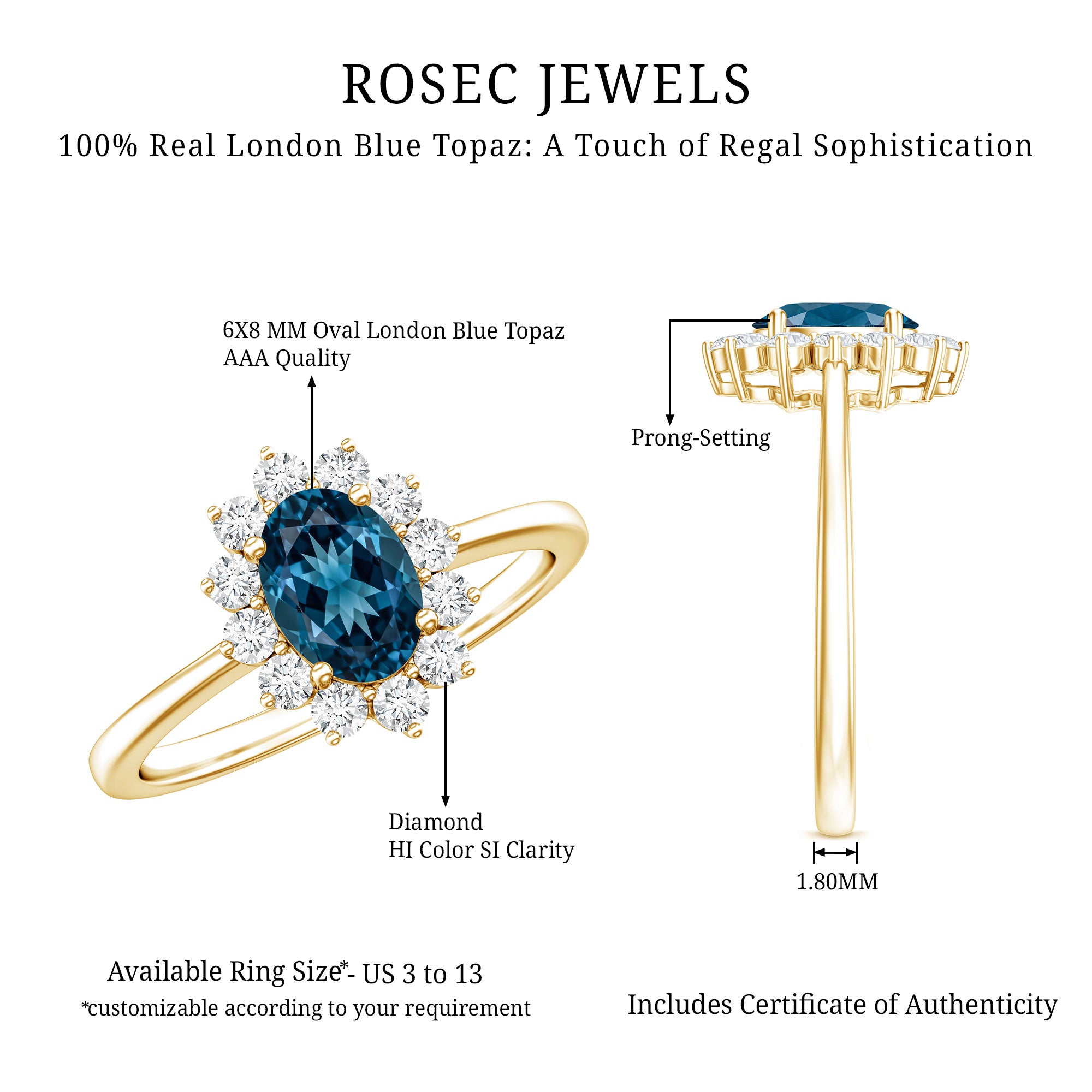 Real 1 Carat London Blue Topaz Princess Diana Inspired Engagement Ring with Diamond AAA - Rosec Jewels