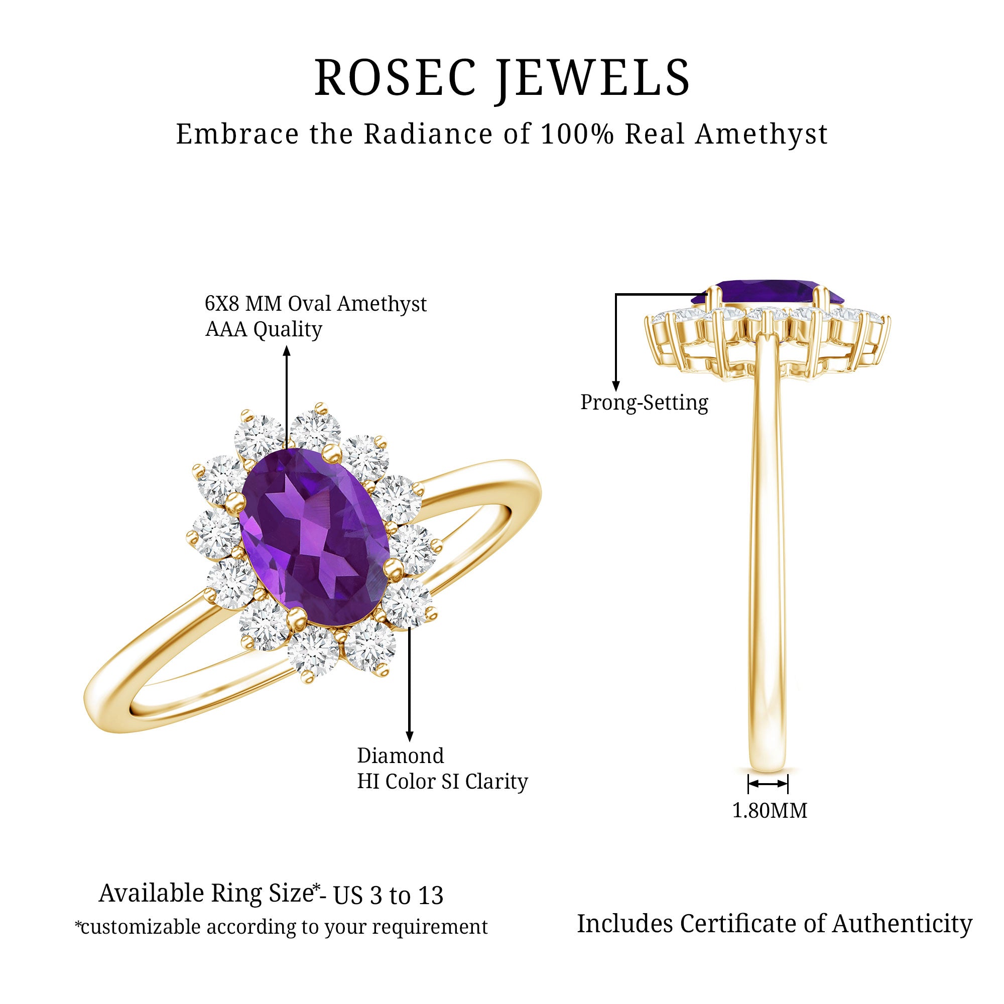 1.5 CT Princess Diana Inspired Amethyst Engagement Ring Diamond Halo AAA - Rosec Jewels