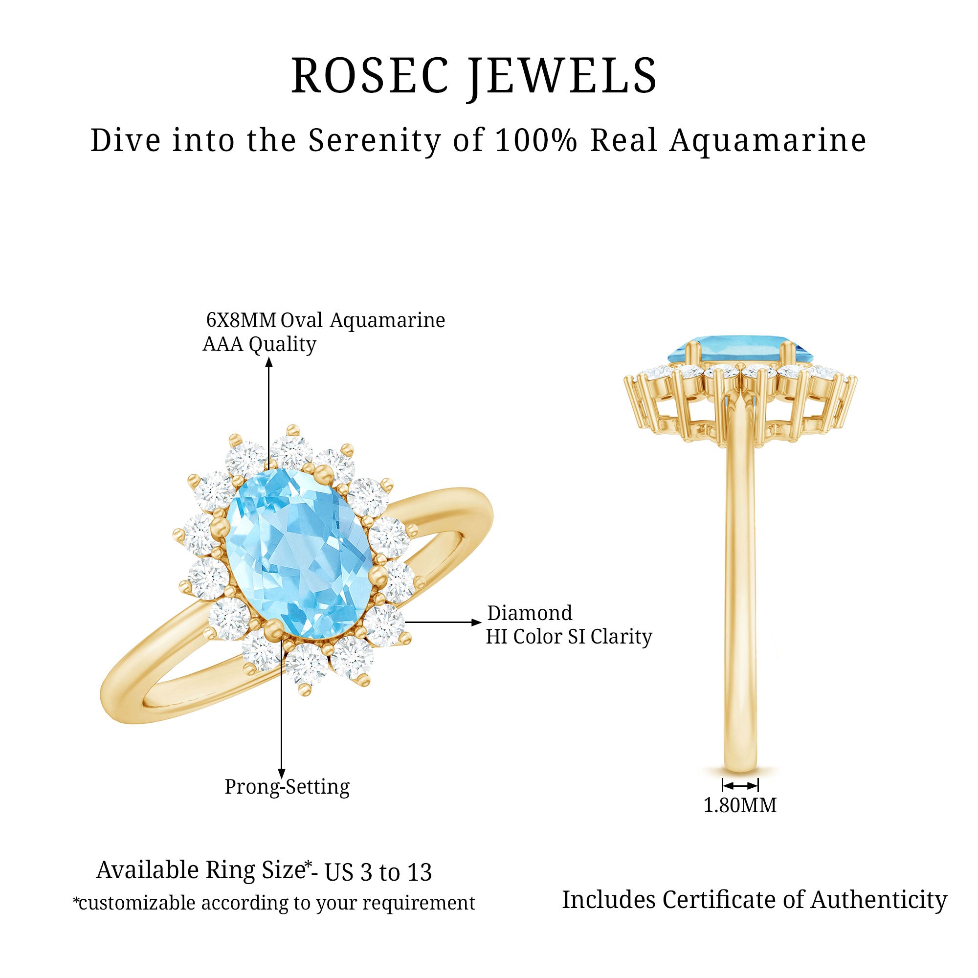 Natural 1 Carat Aquamarine Oval Engagement Ring with Diamond Halo AAA - Rosec Jewels