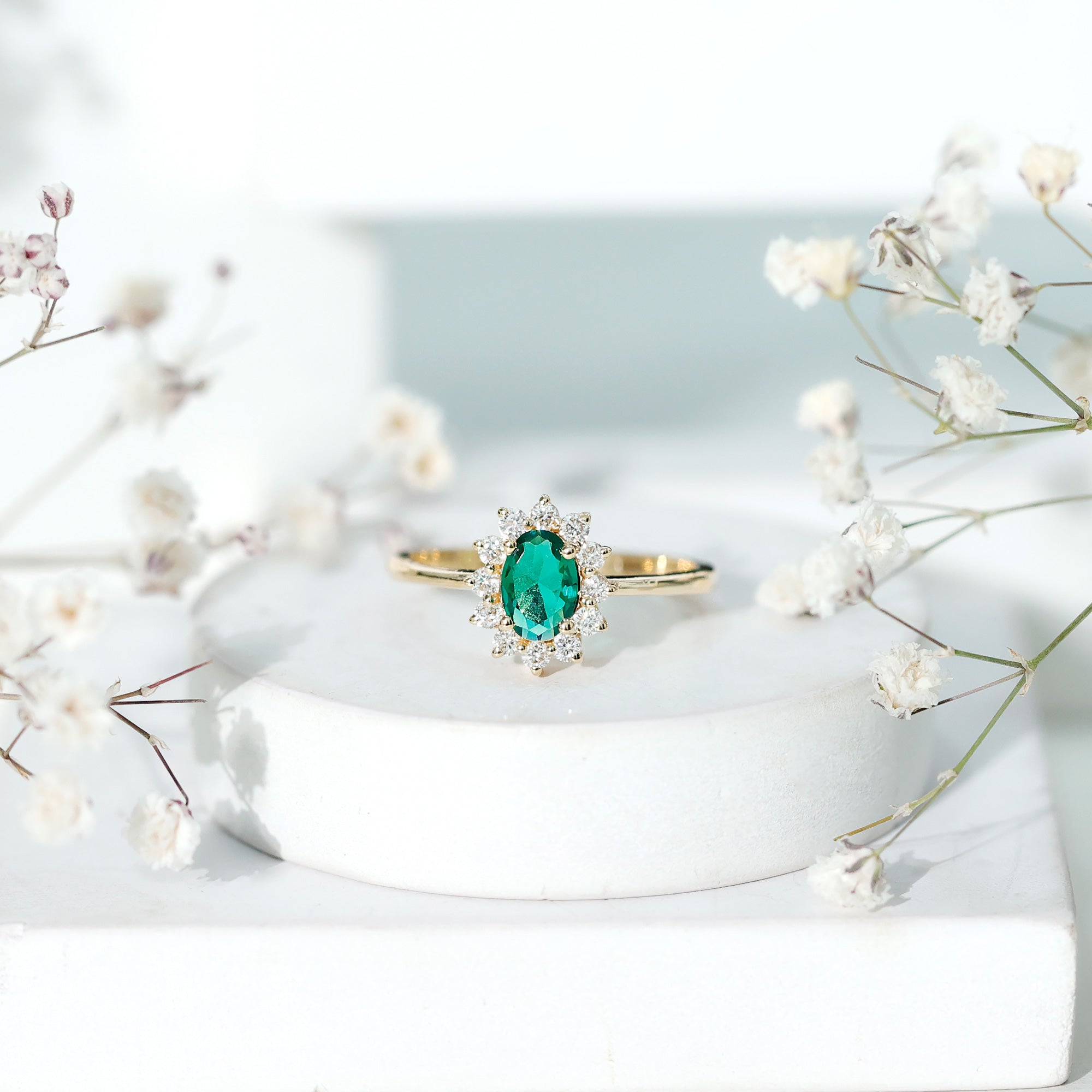 Rosec Jewels-Lab Created Emerald Princess Diana Inspired Engagement Ring with Diamond