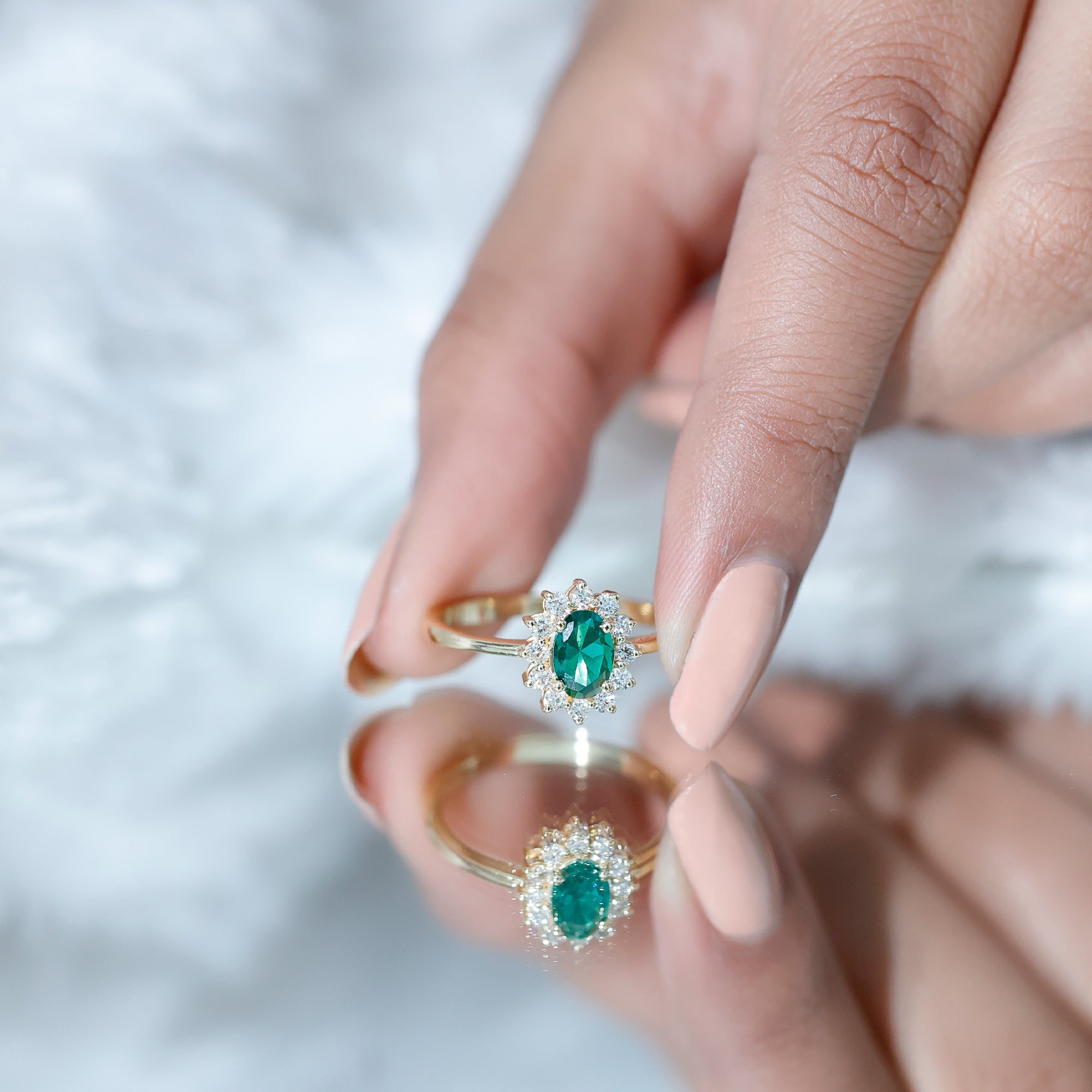Rosec Jewels-Lab Created Emerald Princess Diana Inspired Engagement Ring with Diamond