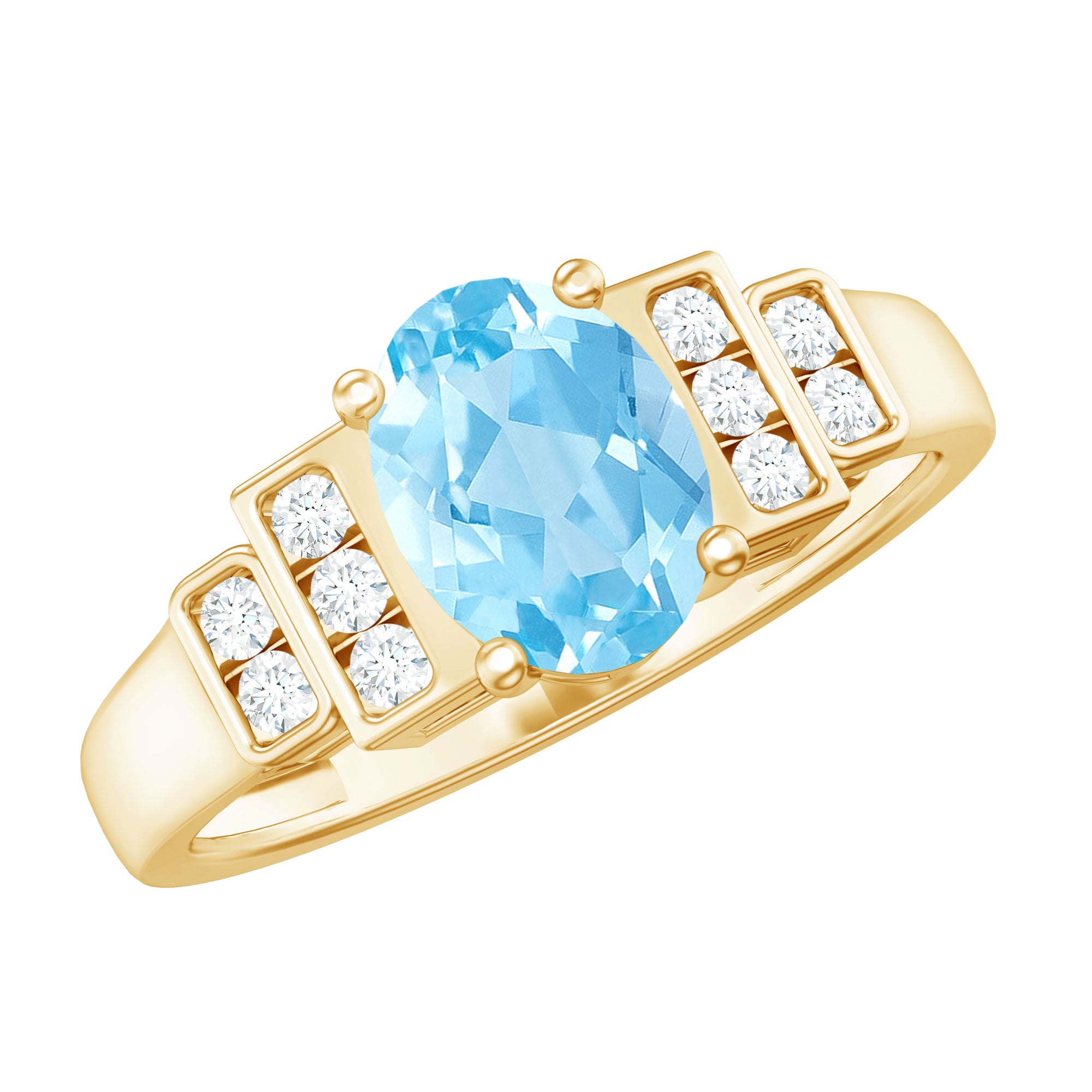 Real 6X8mm Aquamarine Statement Engagement Ring with Diamond AAA - Rosec Jewels