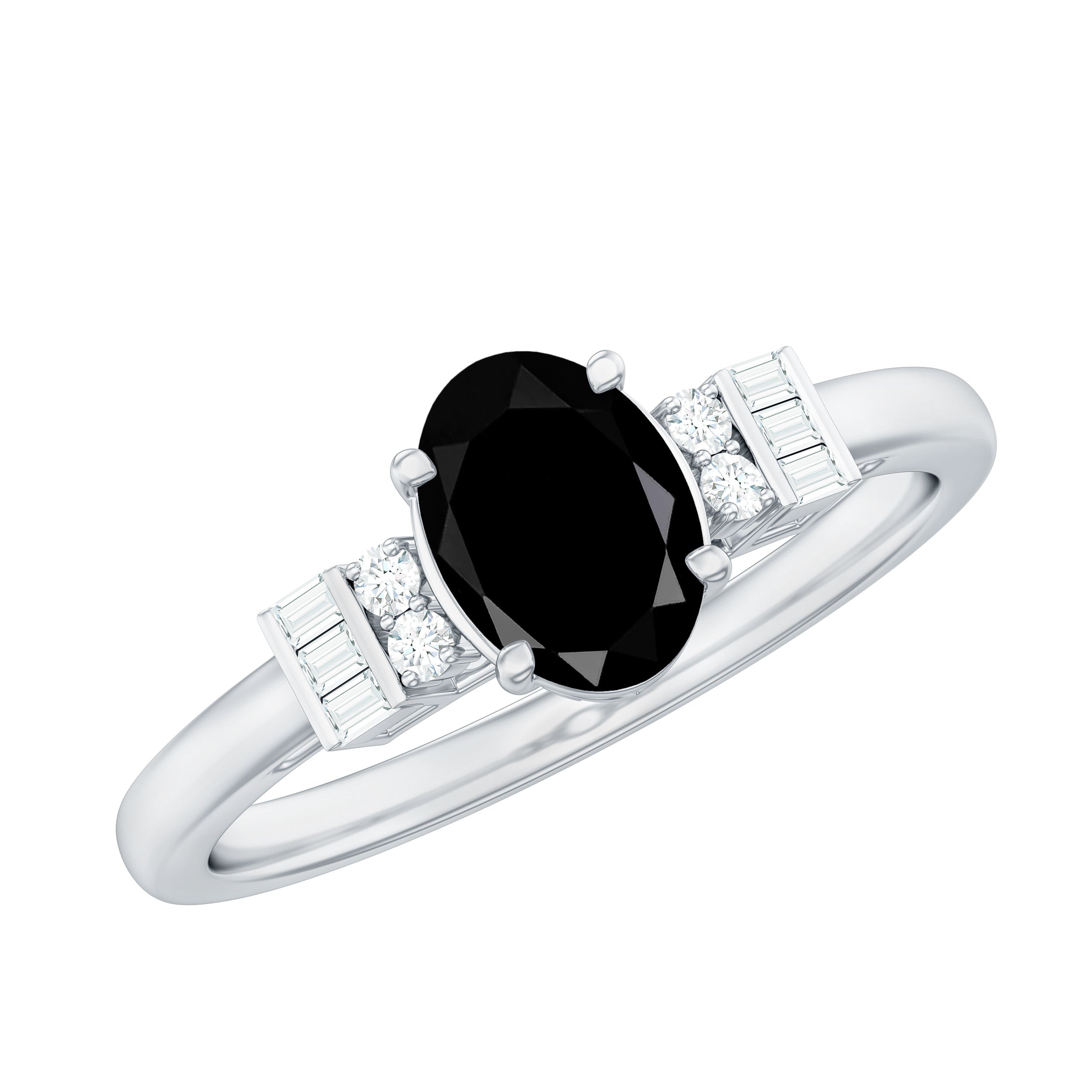6X8mm Oval Cut Black Onyx Solitaire Engagement Ring with Diamond