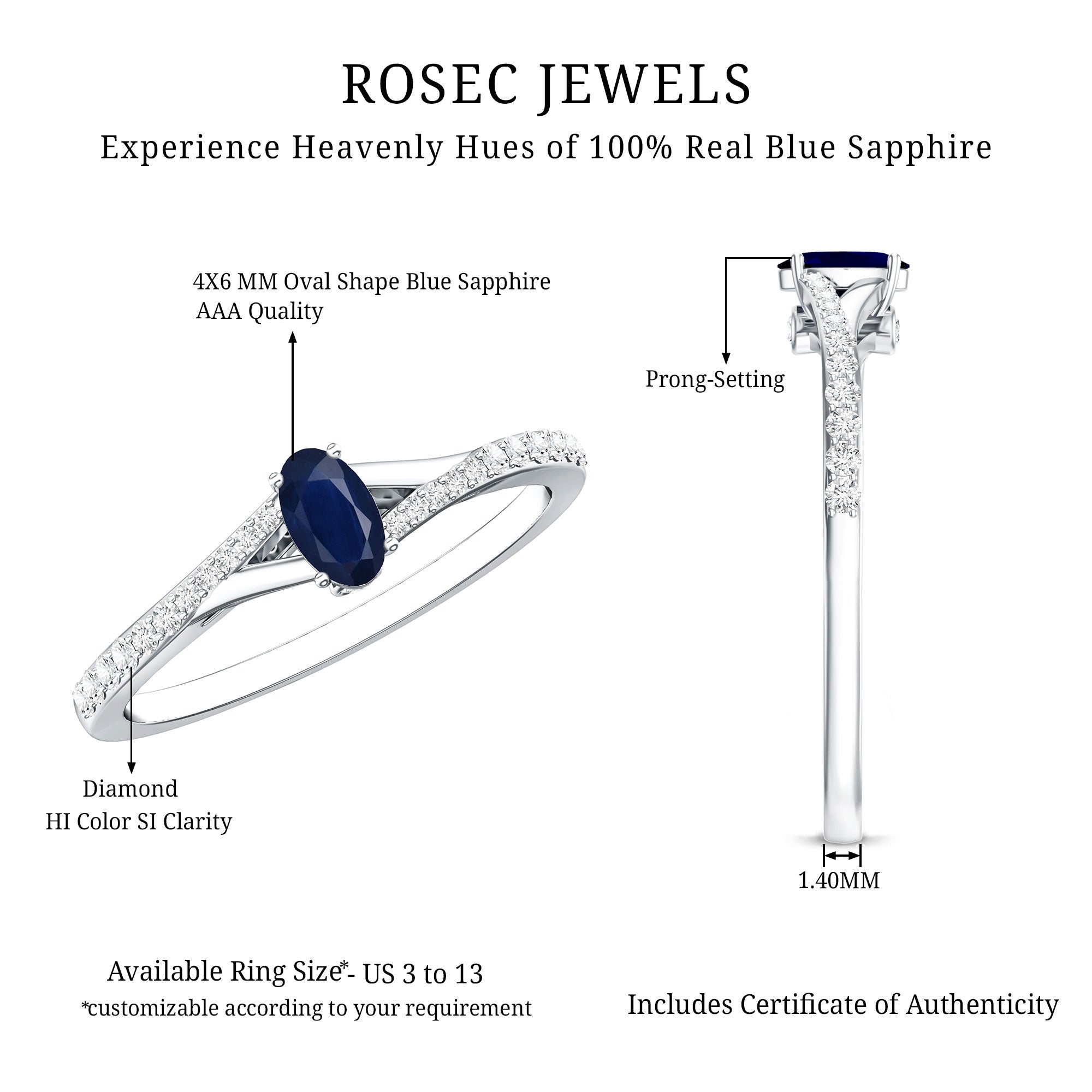 Natural 0.6 Carat Blue Sapphire Minimal Engagement Ring with Diamond Split Shank AAA - Rosec Jewels