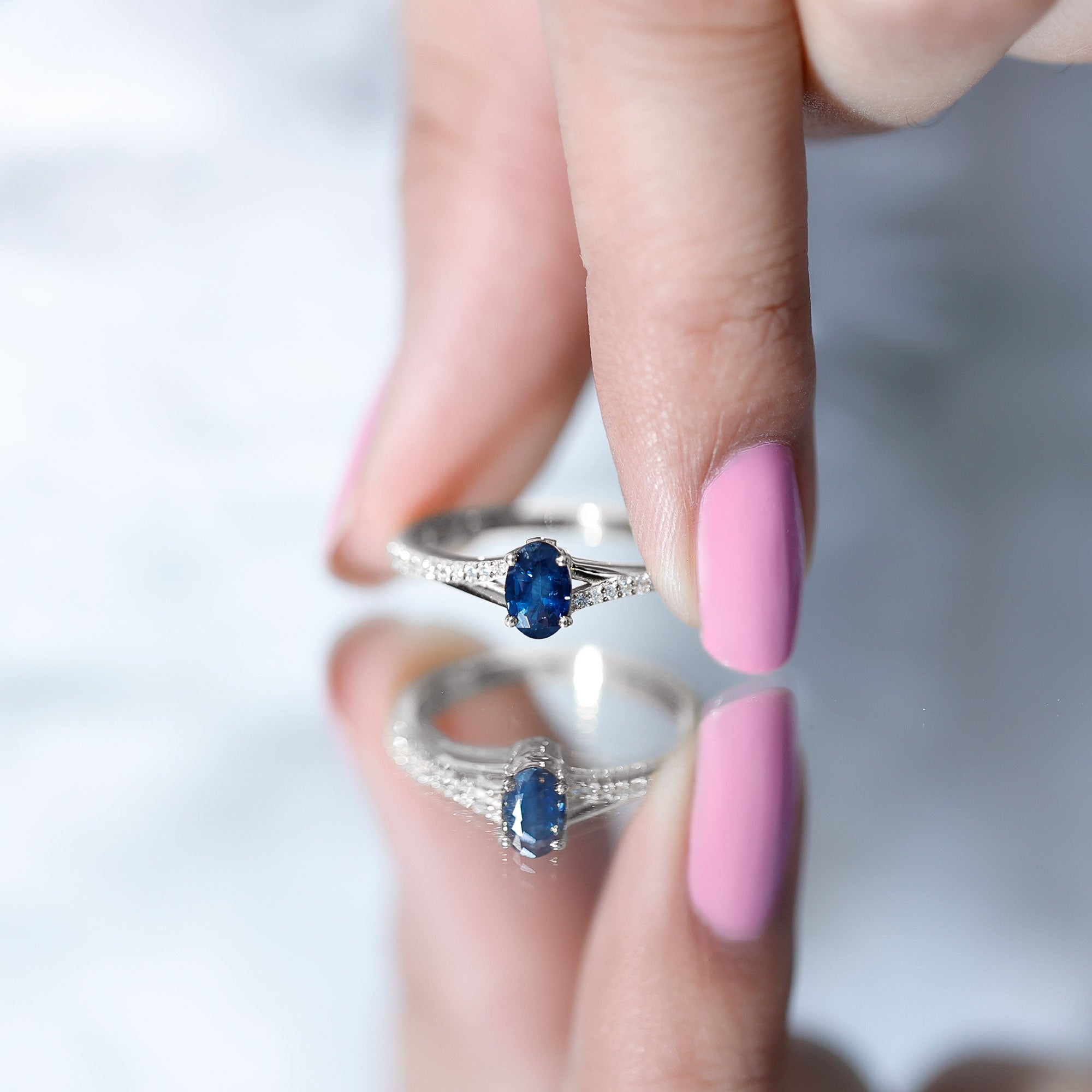 Natural 0.6 Carat Blue Sapphire Minimal Engagement Ring with Diamond Split Shank AAA - Rosec Jewels