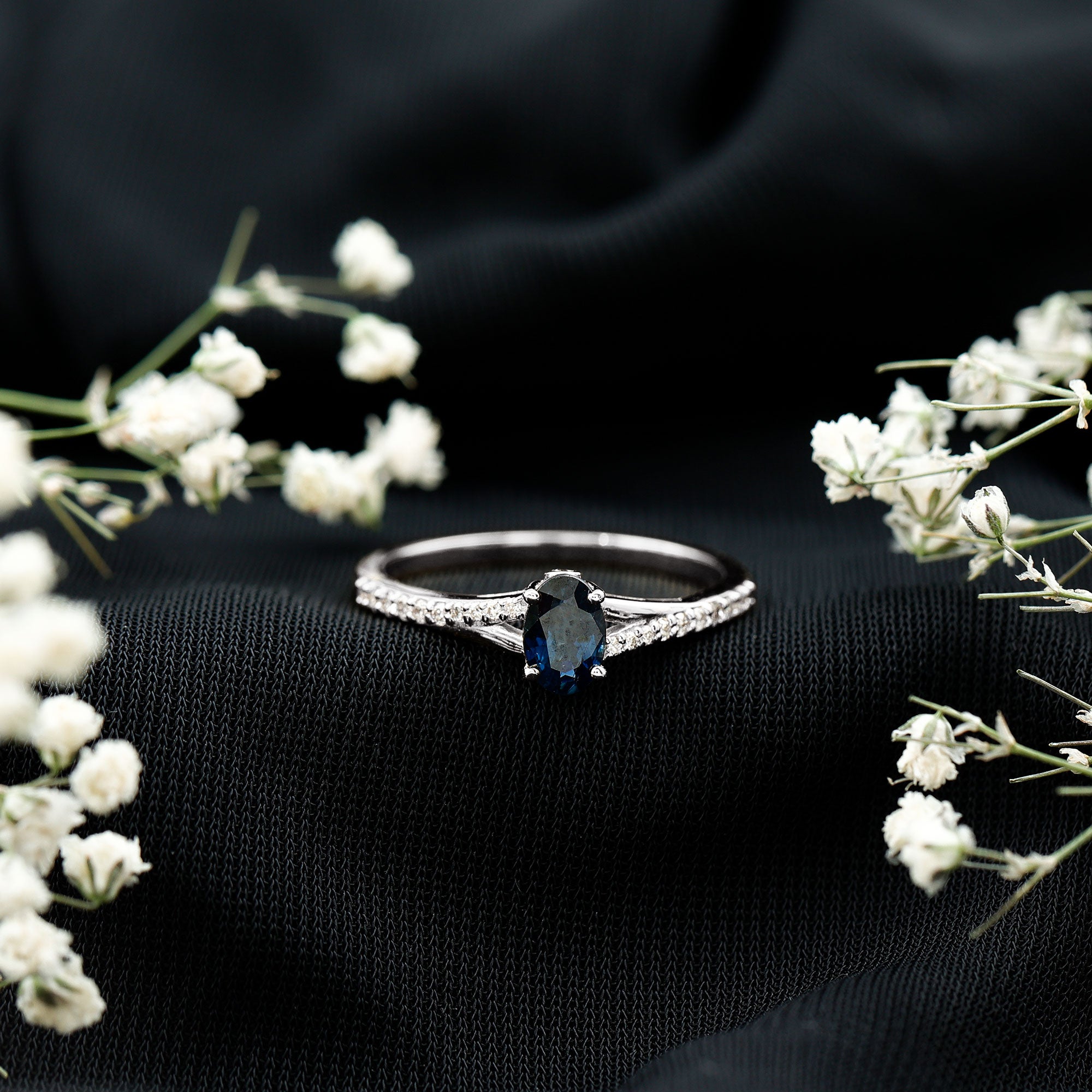 Natural 0.6 Carat Blue Sapphire Minimal Engagement Ring with Diamond Split Shank AAA - Rosec Jewels