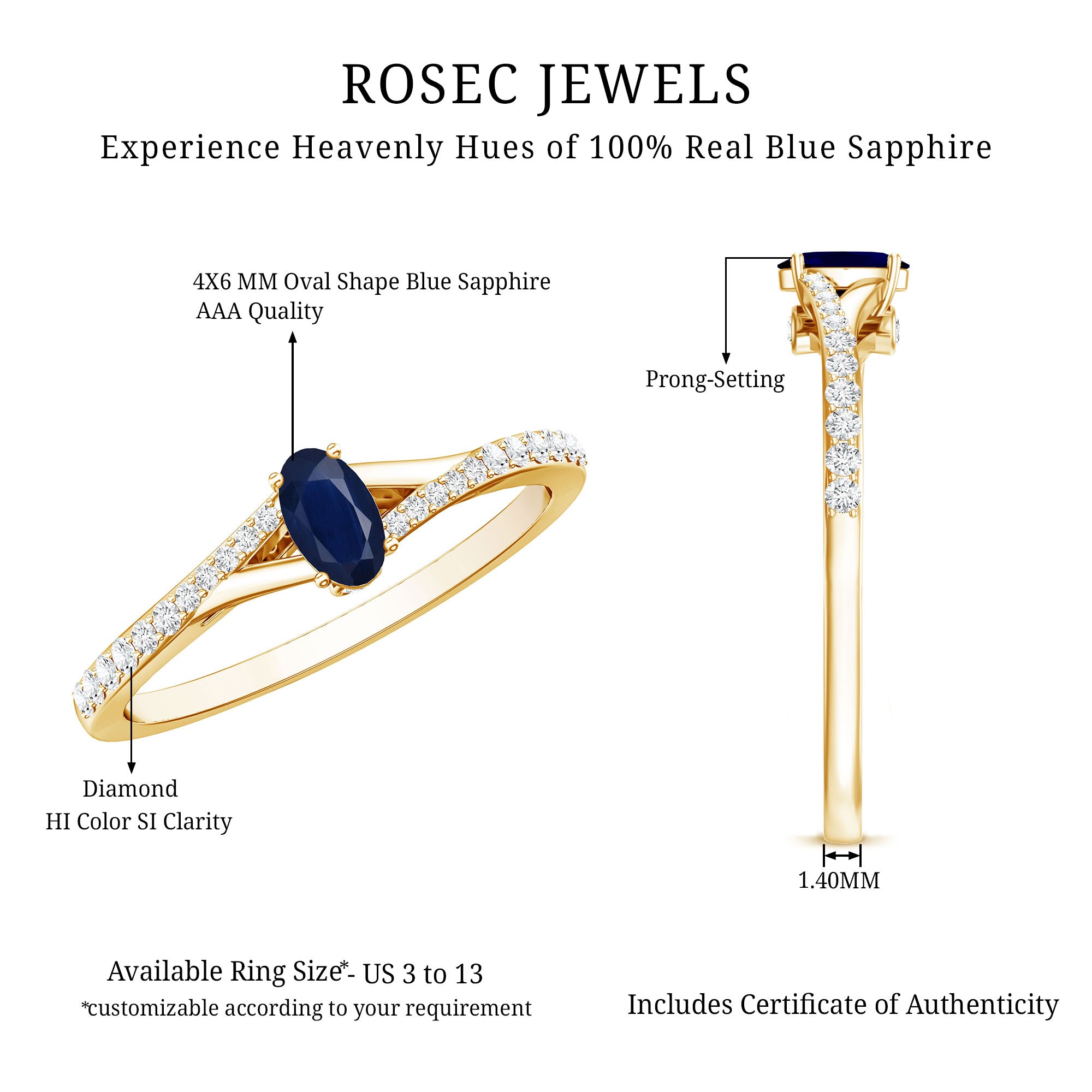 Natural 0.6 Carat Blue Sapphire Minimal Engagement Ring with Diamond Split Shank AAA - Rosec Jewels