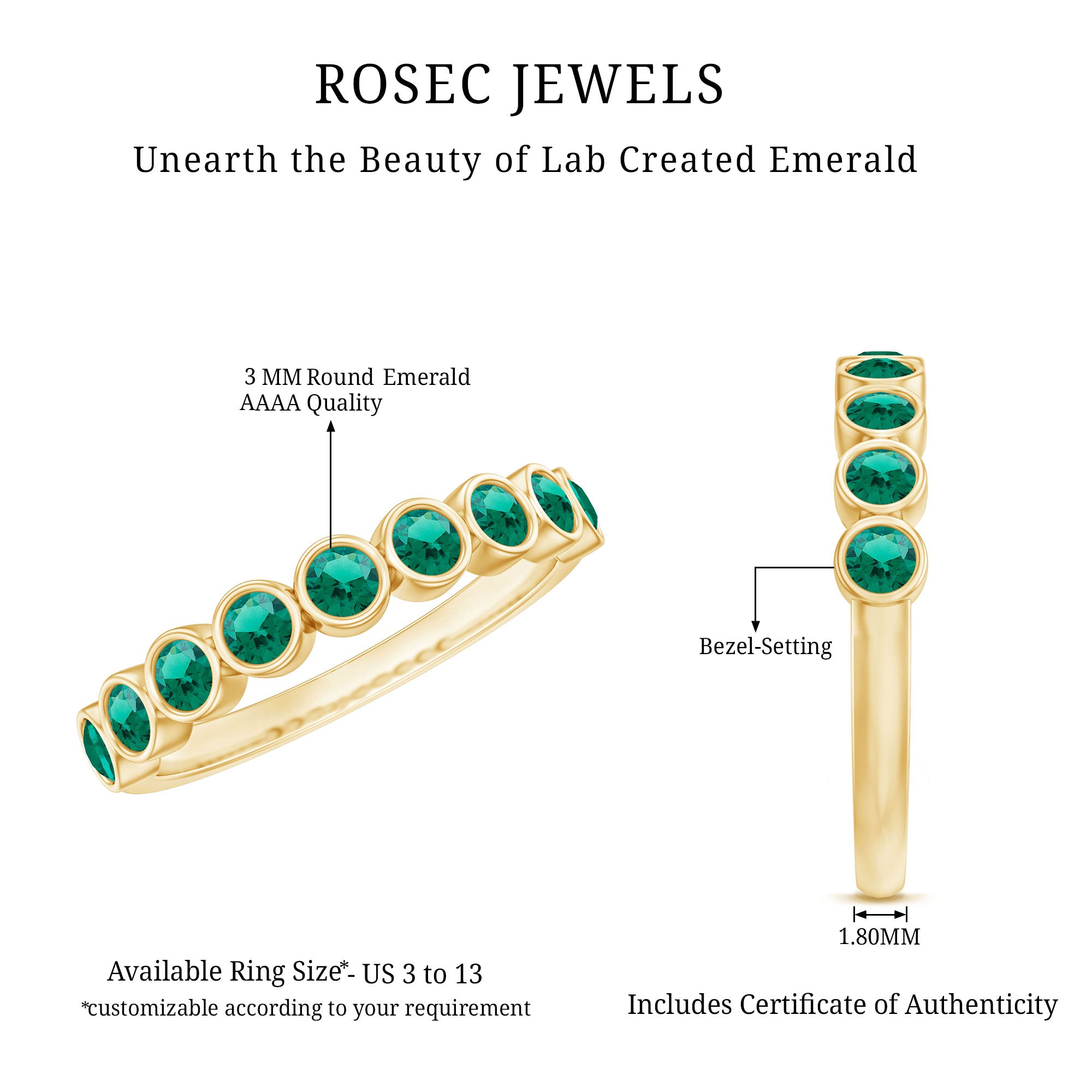 Lab Created Emerald Half Eternity Ring 14K Gold Plated Silver AAAA 14K Yellow Gold Plated Silver - Rosec Jewels
